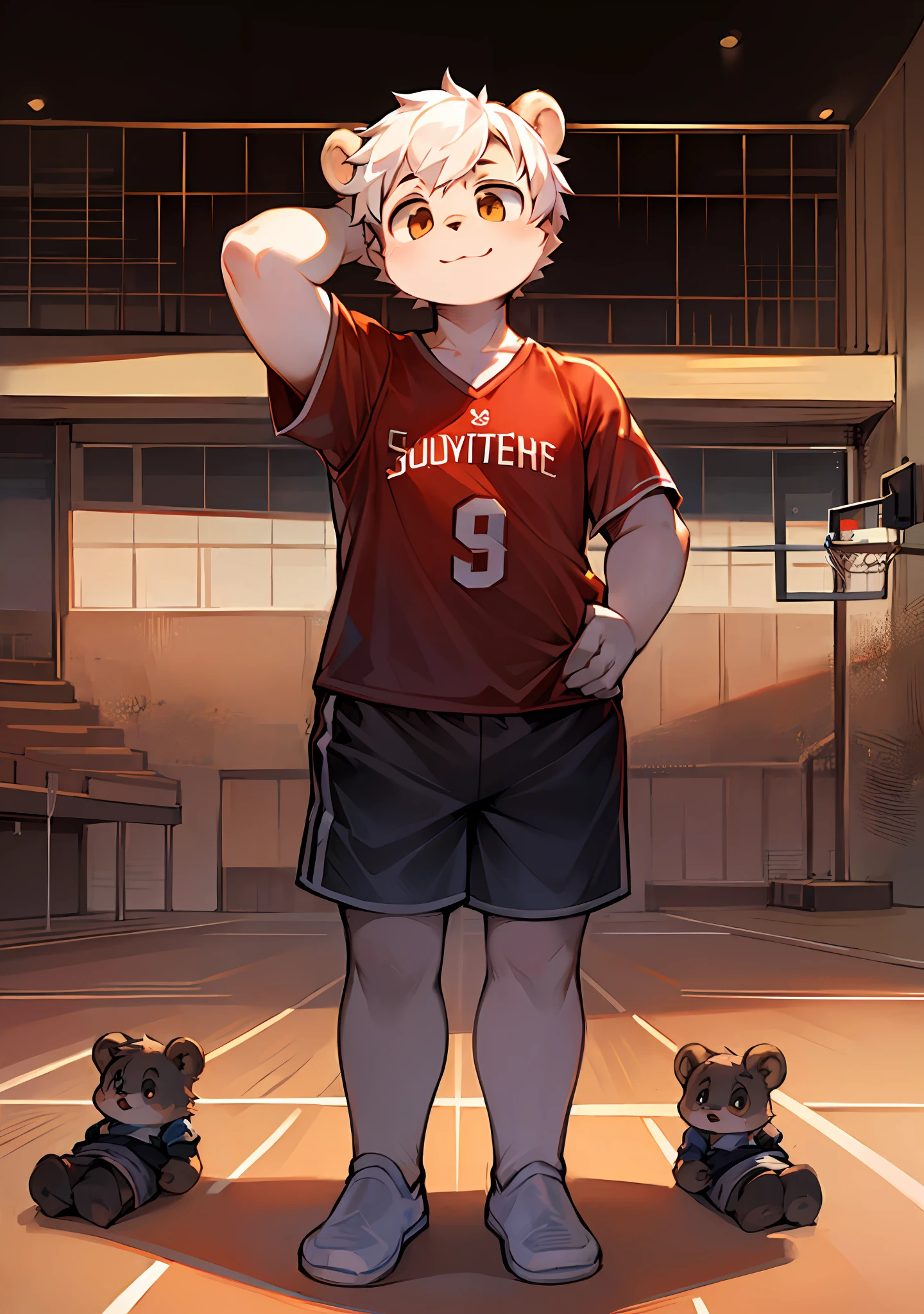 White hair, bear type, bear ears, short hair, slightly chubby, furry, super cute face, cub, no spots, human figure, masterpiece, high quality portrait, red jersey, playing basketball, basketball court, gray shorts, in summer,  boy, full shot