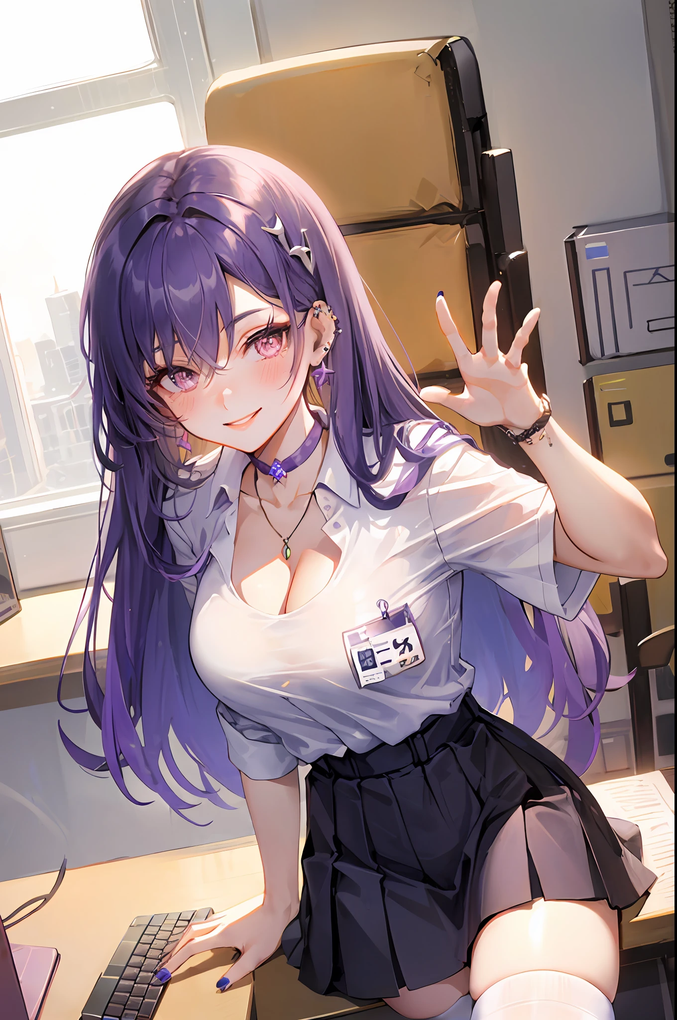 Keqing, genshin impact, 1girl, solo, ((white shirt)), black thighhighs, breasts, cleavage, uniform, office background, black skirt, pleated skirt, office, hair between eyes, messy hair, large breasts, hair ornament, long hair, looking at viewer, purple hair, choker, pierce, ear piercing, lip piercing, purple short nails, purple eyes, solo, thighhighs, thighs, very long hair, ((masterpiece)), sitting, chair, desk, computer on desk, name tag, id tag, indoor, blush, smile, show teeth, sexy pose,