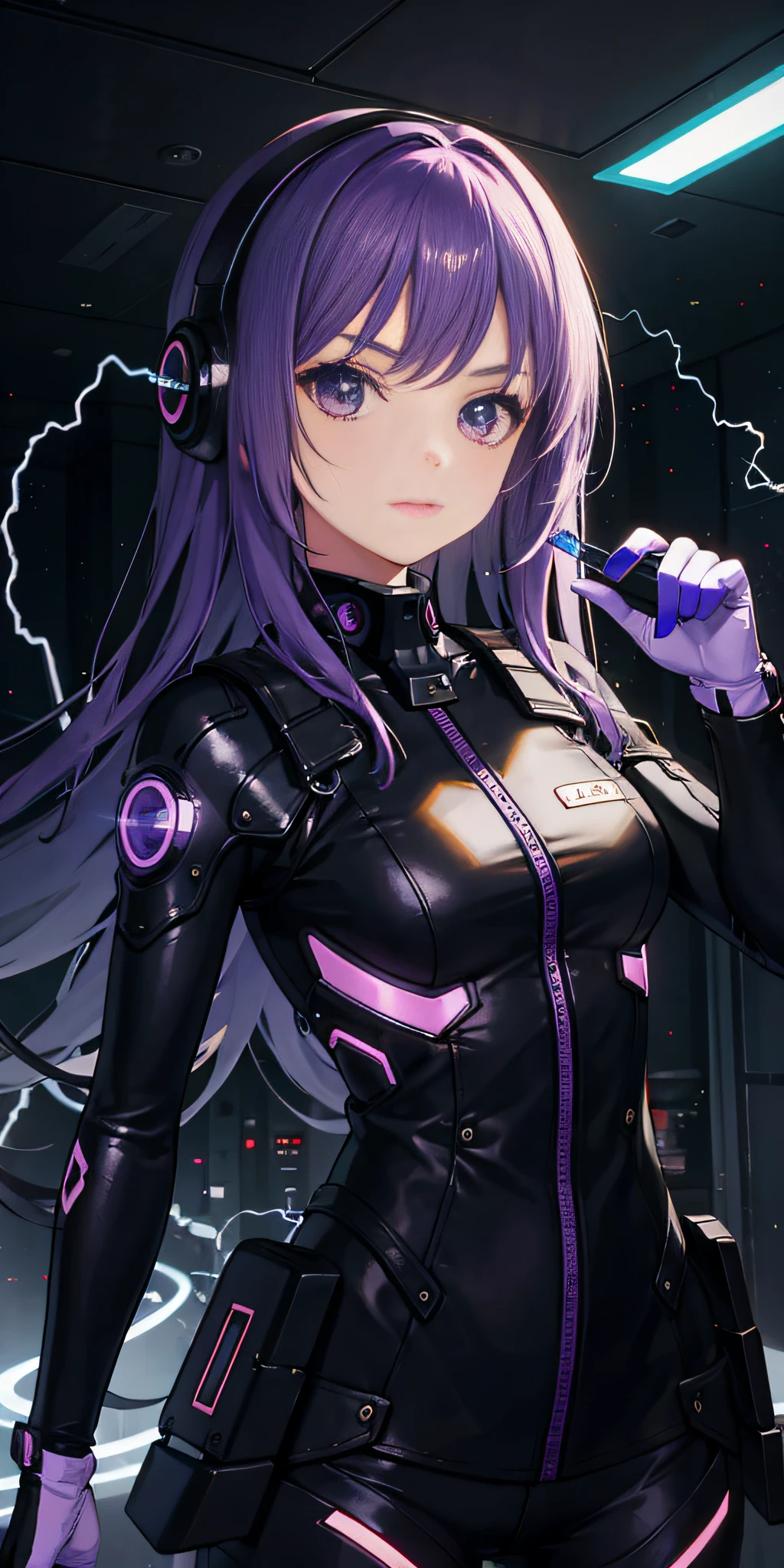 1girl, (sci-fi), purple hair, electricity, wallpaper