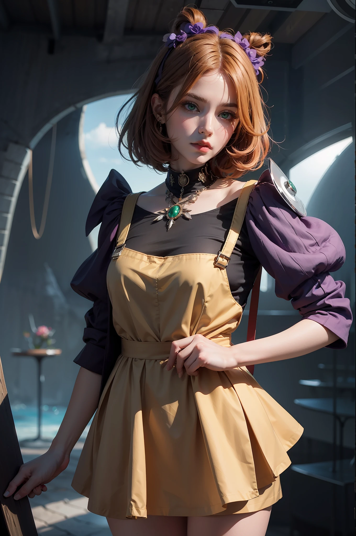 concept art, overhead angle of a Will-o'-the-wisp, wearing Funny Somali Emerald deep orange Pinafore, Caramel hair styled as Short hair, fluorescent purple Hair tie, equirectangular 360, Highres,  [(art by Willi Baumeister:1.1), (art by John T. Biggers:1.2)::17], official art, unity 8k wallpaper, ultra detailed, aesthetic, masterpiece, best quality, photorealistic
