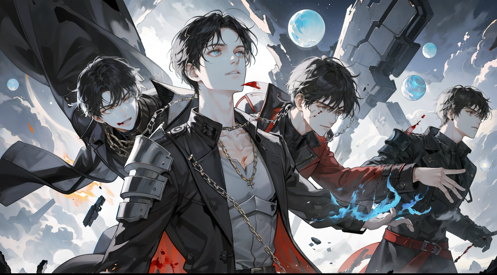 masterpiece, best quality, 1 male, adult, black trench coat, black hair with white tips, blue fire chains on the neck and arms, on a battlefield where meteors fall, in battle position with orbs of black energy around him, bleeding and wounded with parts of his modern armor destroyed,