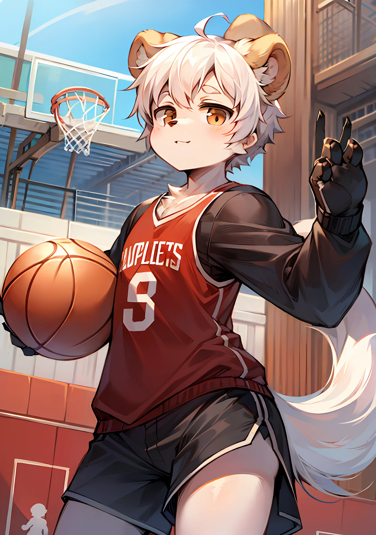 White hair, bear type, bear ears, short hair, slightly chubby, furry, super cute face, cub, no spots, human figure, masterpiece, high quality portrait, red jersey, playing basketball, basketball court, gray shorts, in summer, lone child boy, full shot