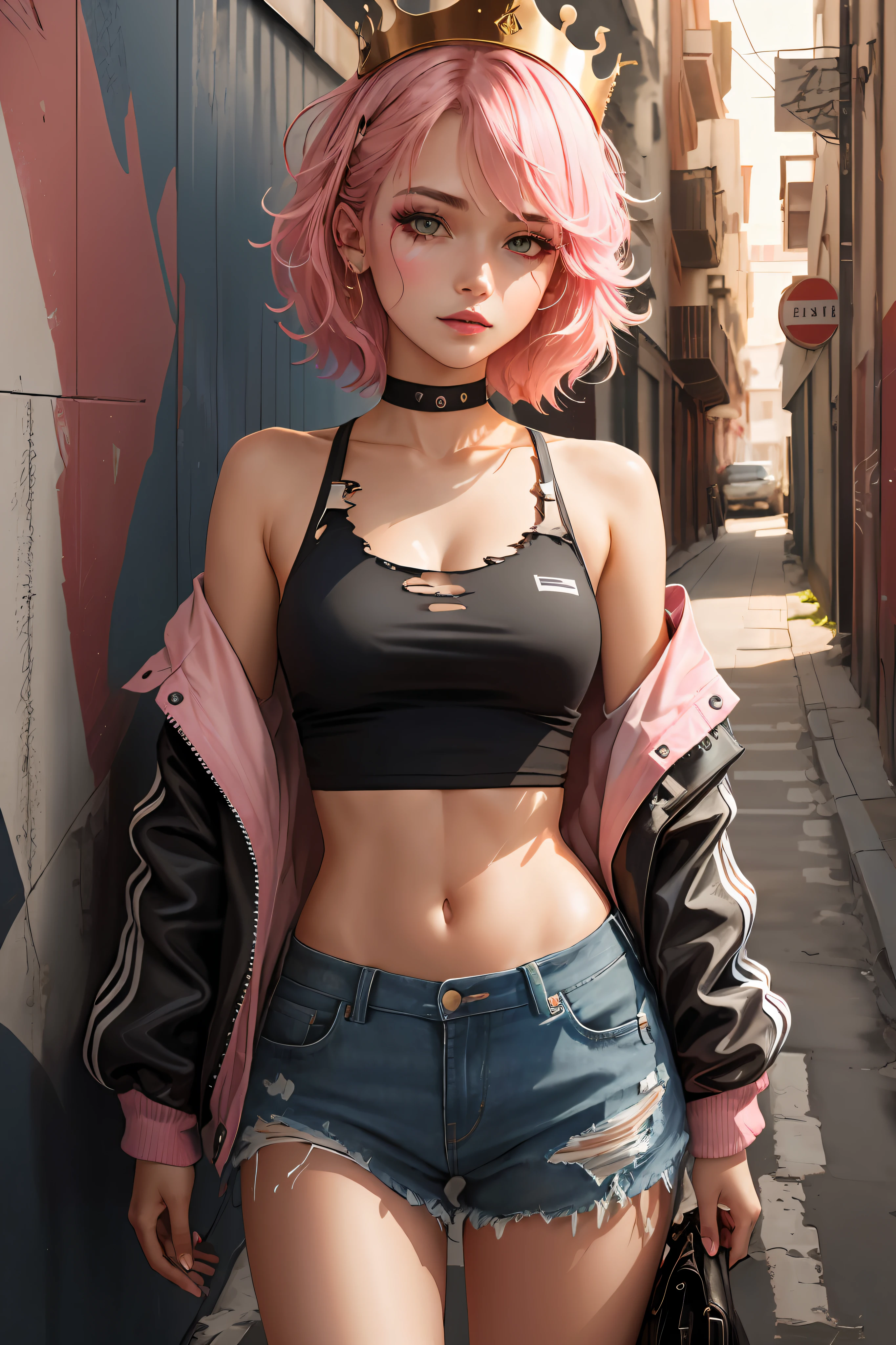 best quality, upper body,intricate details, chromatic aberration,1girl, pixie hair, pink hair, messy hair, cinematic lighting, gothic makeup, sharp eyes,croptop, torn jeans legwear, open jacket,against wall, brick wall, graffiti, dim lighting, alley, golden crown, pink skin, pink skin tone, happy, candy city