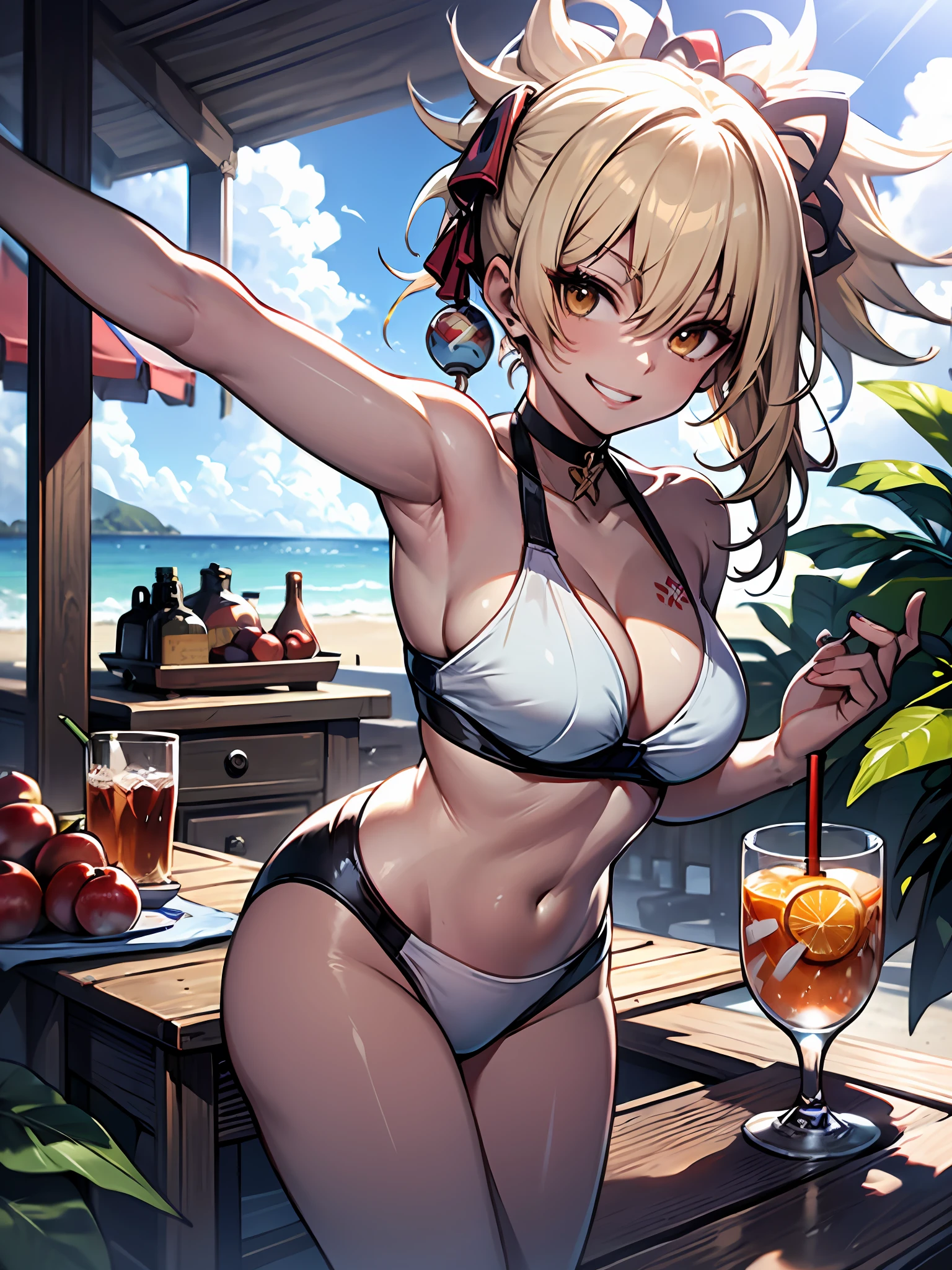 {{Master Masterpiece}}, illustration, best quality, extremely detailed CG Unity 8k wallpaper, 1 girl, a lively girl, on the beach, on the beach, fruit and drink on table, blonde hair, short ponytail, swimsuit, sunlight, bright smile, ice, white bikini,Sunscreen clothing, orange, 16 years old, straw hat,jump up, whole body,