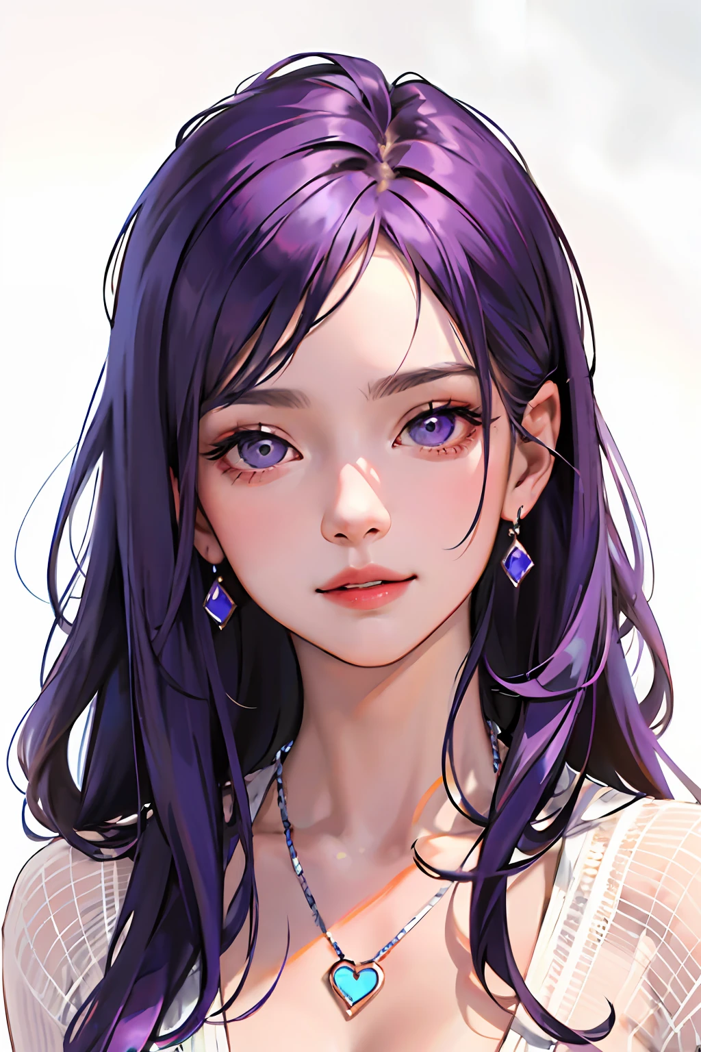 (masterpiece:1.2, best quality), (very detailed face, real pictures, realistic skin, realistic body, complex details), solo, 1milf, purple-gray hair, shawl hair, white background, delicate eyes, purple eyes, hair_ornament, smile, mouth apart, purple straight hair, (realistic), 46 points oblique bangs, purple atmosphere, frontal light hitting the face, do not cover the hair, complete the hair, Hair is clearly visible, white face, round face, juvenile face, purple love heart necklace,