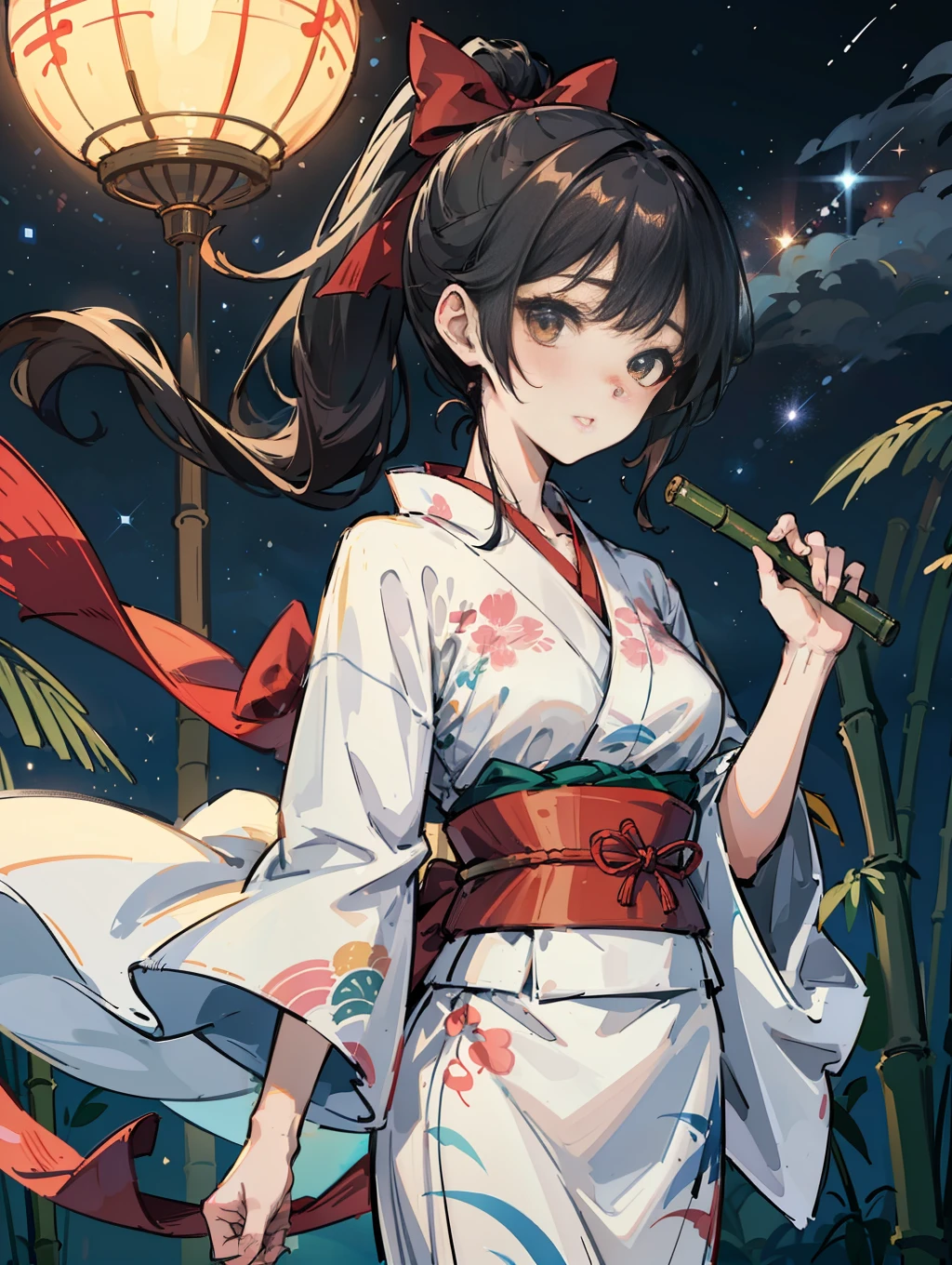 Masterpiece, super high quality, super detail, perfect drawing, solo, beautiful girl, samurai, yukata, black ponytail, hair tied with a big red ribbon, equipped with two Japan swords, blush (0.2), night view, coolness, bamboo leaf smooth, Tanabata, Milky Way, Summer triangle (Denev, Altair, Vega), wind flow, elegance, beautiful background, accurate drawing, detailed drawing