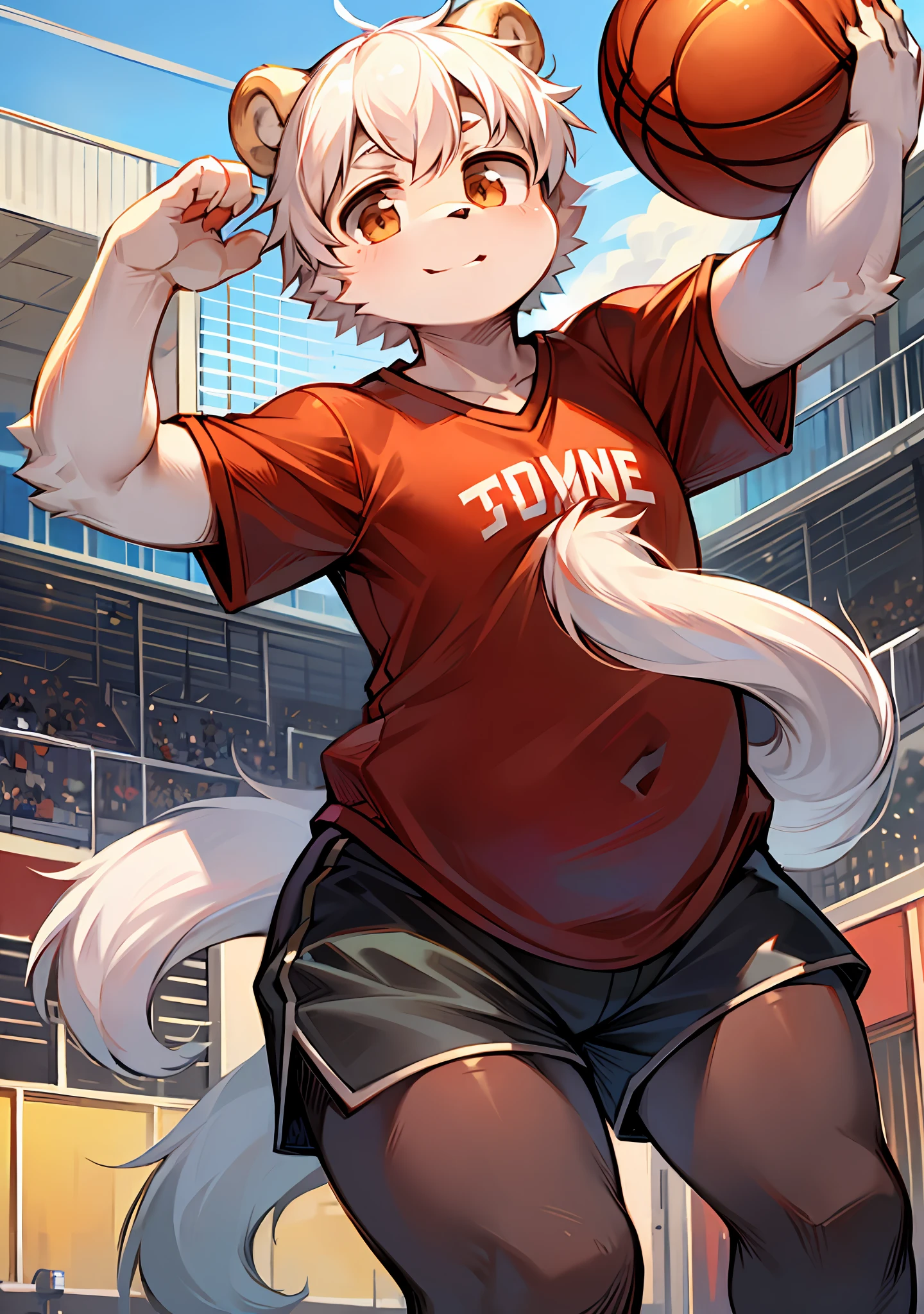 White hair, bear type, bear ears, short hair, slightly chubby, furry, super cute face, cub, no spots, human figure, masterpiece, high quality portrait, red jersey, playing basketball, basketball court, gray shorts, in summer, lone child boy, full shot