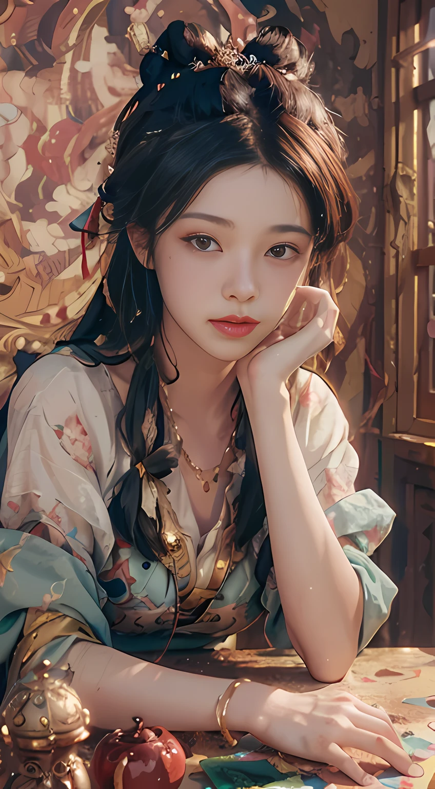 (RAW photo, best quality), (realistic, photo-realistic:1.3),best quality,highly detailed,masterpiece,ultra-detailed,illustration,1girl,upper_body,dynamic angle,world masterpiece theater,messy_long_hair,best quality,extremely detailed CG unity 8k wallpaper,ink,Amazing,cinematic lighting,lens_flare, dunhuang_style