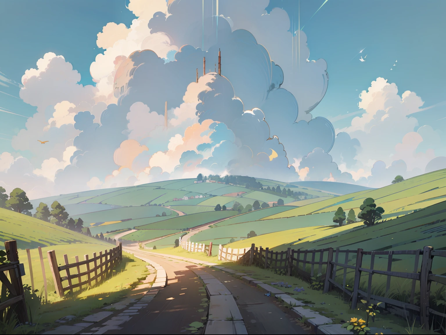 Forest, Terraces, Clouds, Wide Angle, Pioneer, Dirt Road, Traveling Merchant, Back, Go Forward, Wooden Cane, Ray Tracing, Comics, 3D Rendering, Cartoon, Cute Style, Sunny, Outdoor, Detailed, 4K, HD, High Quality