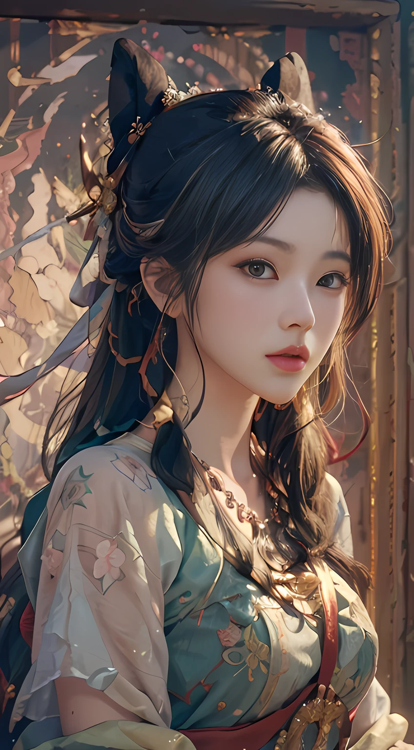 (RAW photo, best quality), (realistic, photo-realistic:1.3),best quality,highly detailed,masterpiece,ultra-detailed,illustration,1girl,upper_body,dynamic angle,world masterpiece theater,messy_long_hair,best quality,extremely detailed CG unity 8k wallpaper,ink,Amazing,cinematic lighting,lens_flare, dunhuang_style