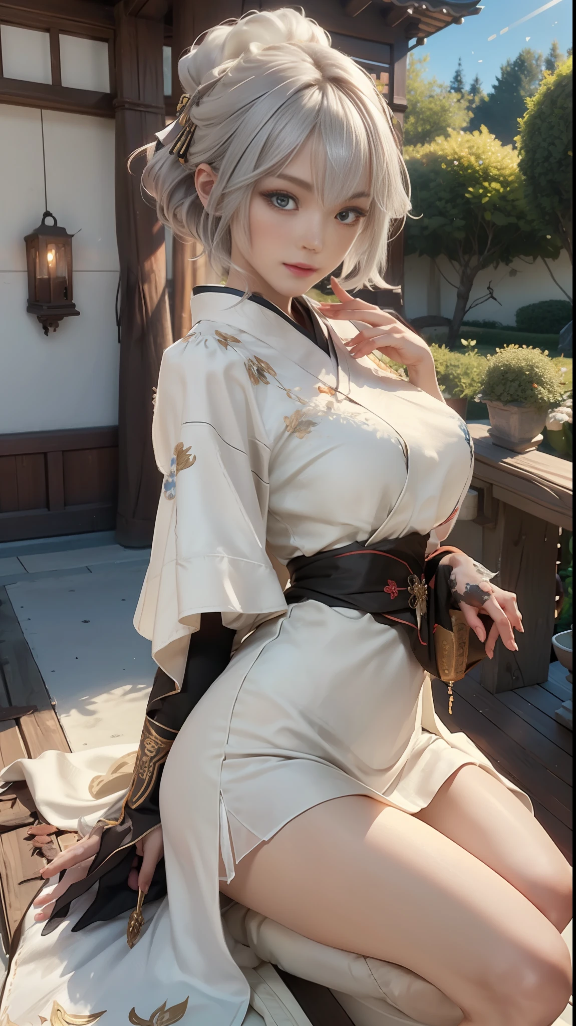 Hair flowers, bare shoulders, collarbone, cross suspenders, micro-transparency, ribbons, masterpieces, the best picture quality, ultra-fine 3D full-body close-up, soft cute light shattered sense 1080P wallpaper, realistic characters, fox eyes with black eyes, light silver messy hair, colorful cold white skin red Hanfu beauty under the pavilion, hands touching lips. Very delicate light, fine luminescence