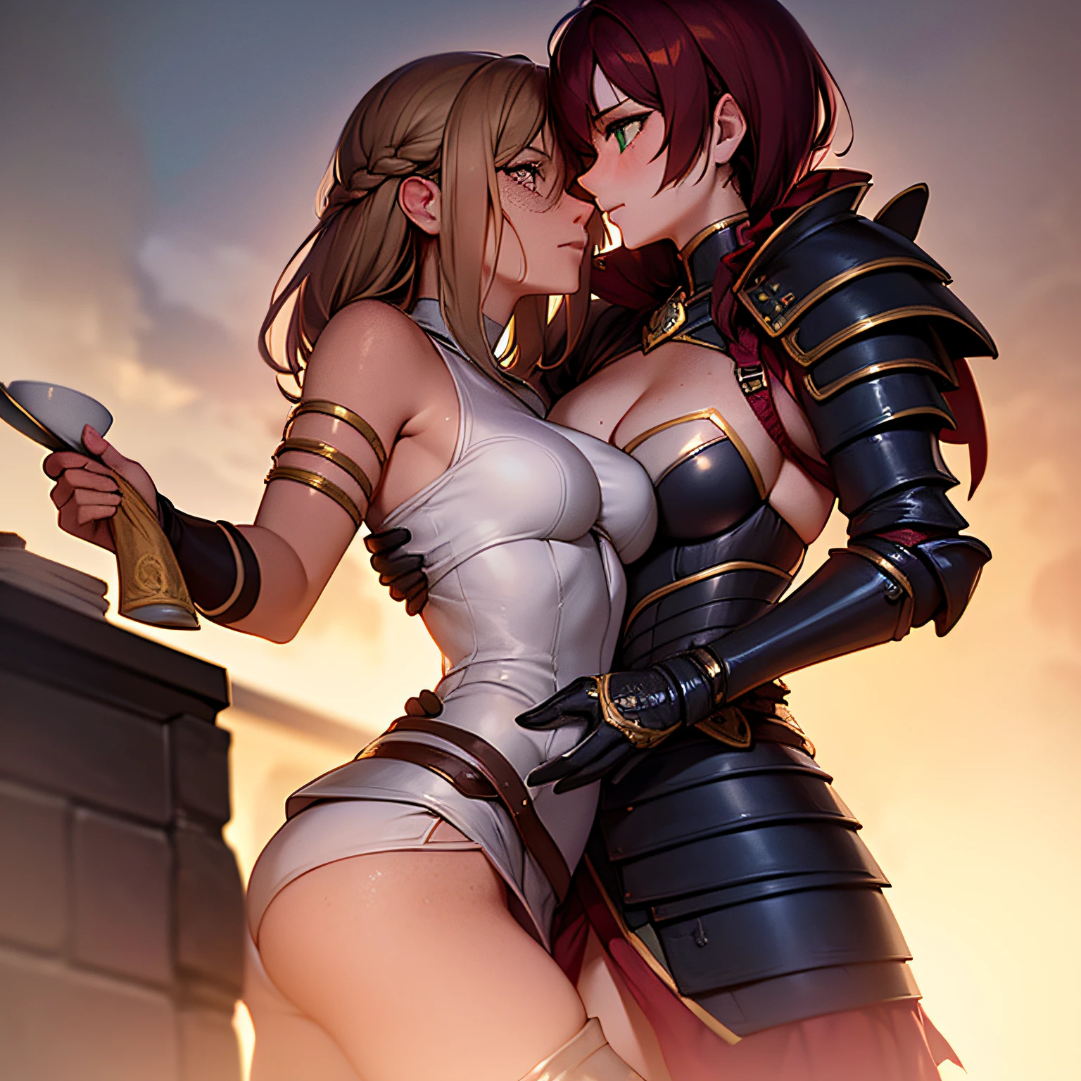 (masterpiece), (highly detailed face), (4K), (2girls), The focus is on a muscular dominant white female knight with medium length brown hair in a pony tail. The female knight is wearing plate armor, has gray eyes and clear skin, and has a lustful expression. She is leaning over a fit Scottish woman with straight red hair. The Scottish woman has green eyes and freckles on her face and is also wearing armor. Leaning close, lesbians, sexual tension, mature woman.