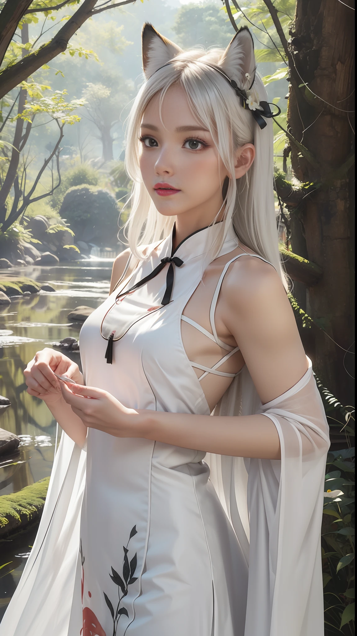 Hair flowers, bare shoulders, collarbone, cross suspenders, micro-transparency, ribbons, masterpieces, the best picture quality, ultra-fine 3D full-body close-up, soft cute light shattered sense 1080P wallpaper, realistic characters, fox eyes with black eyes, light silver messy hair, colorful cold white skin red Hanfu beauty under the pavilion, hands touching lips. Very delicate light, fine luminescence