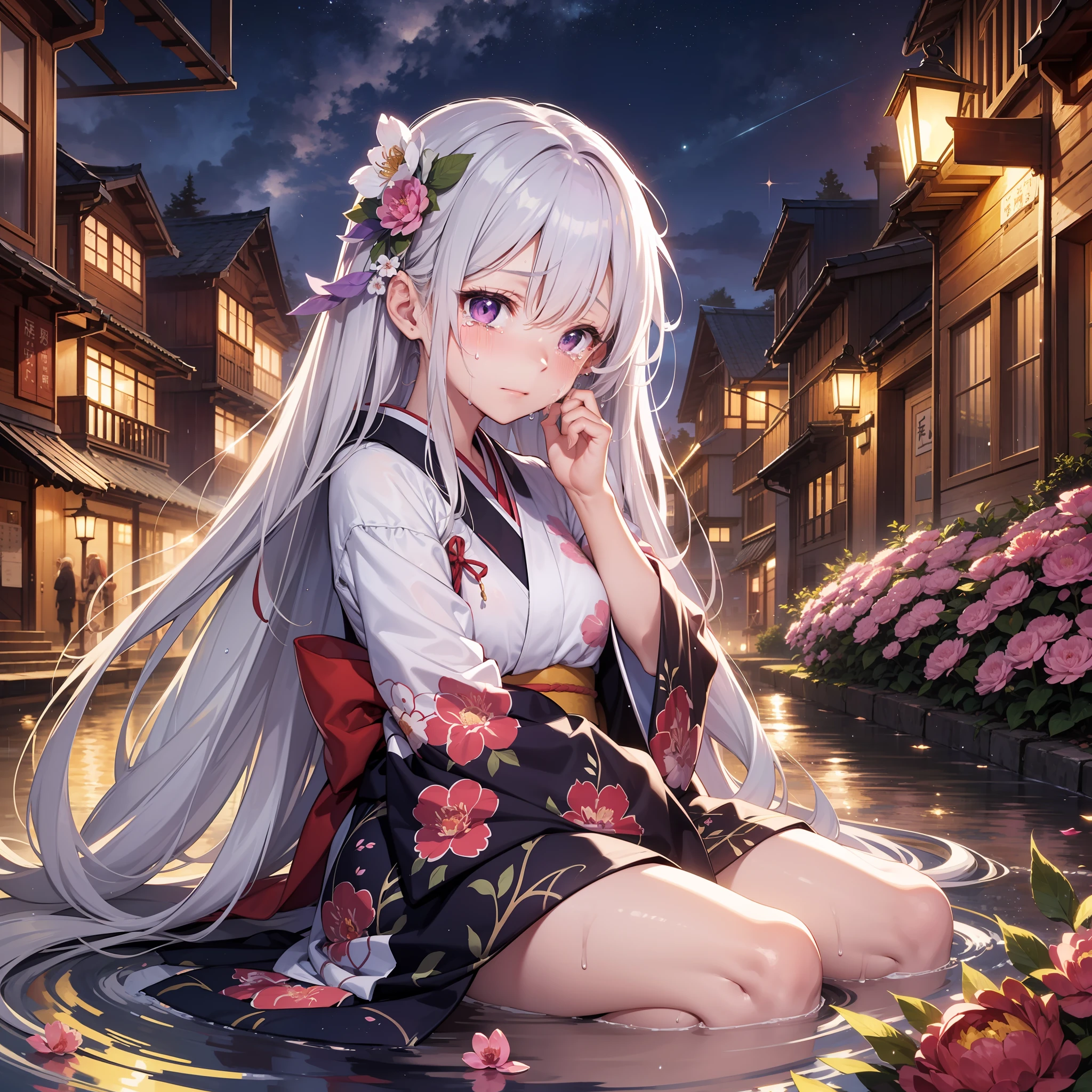 Best image quality Original character, crying with tears, facial expression, volume lighting, summer kimono, silver and purple gradient long hair, lying and crying in a peony hata, night sky, river, rain, red light grains