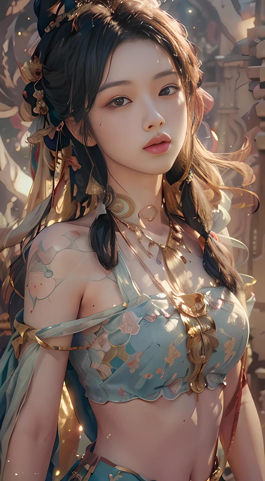 (RAW photo, best quality), (realistic, photo-realistic:1.3),best quality,highly detailed,masterpiece,ultra-detailed,illustration,1girl,upper_body,dynamic angle,world masterpiece theater,messy_long_hair,best quality,extremely detailed CG unity 8k wallpaper,ink,Amazing,cinematic lighting,lens_flare, dunhuang_style