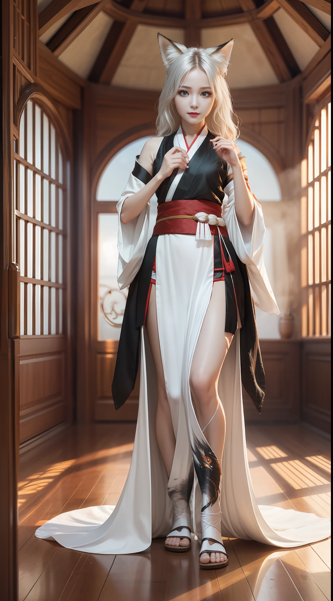 Masterpiece, the best picture quality, super fine 3D full-body close-up, soft cute light shattering sense 1080P wallpaper, realistic characters, black eyes shining fox eyes, light silver messy hair, colorful cold white skin under the pavilion red Hanfu beauty, hands between lips.