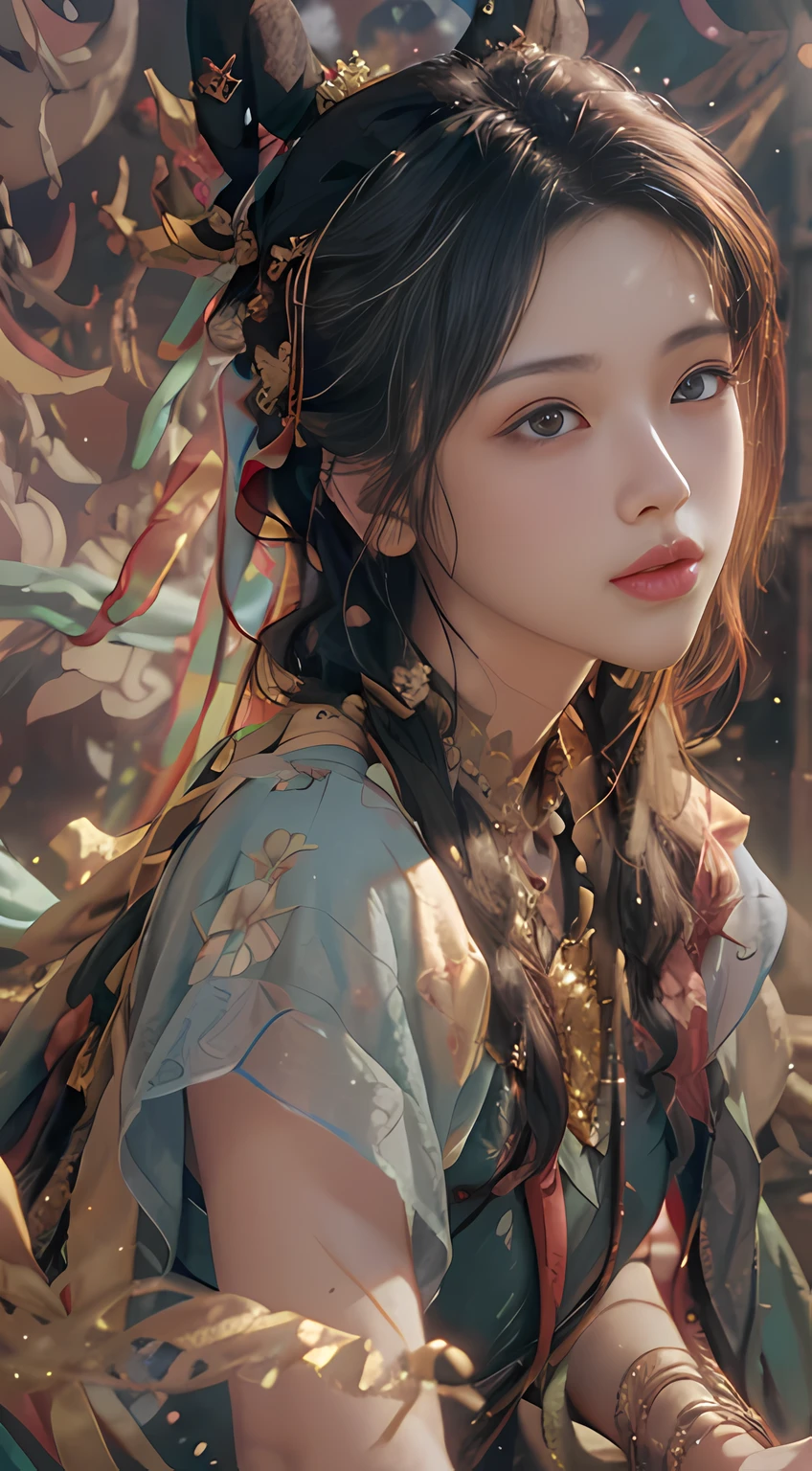 (RAW photo, best quality), (realistic, photo-realistic:1.3),best quality,highly detailed,masterpiece,ultra-detailed,illustration,1girl,upper_body,dynamic angle,world masterpiece theater,messy_long_hair,best quality,extremely detailed CG unity 8k wallpaper,ink,Amazing,cinematic lighting,lens_flare, dunhuang_style