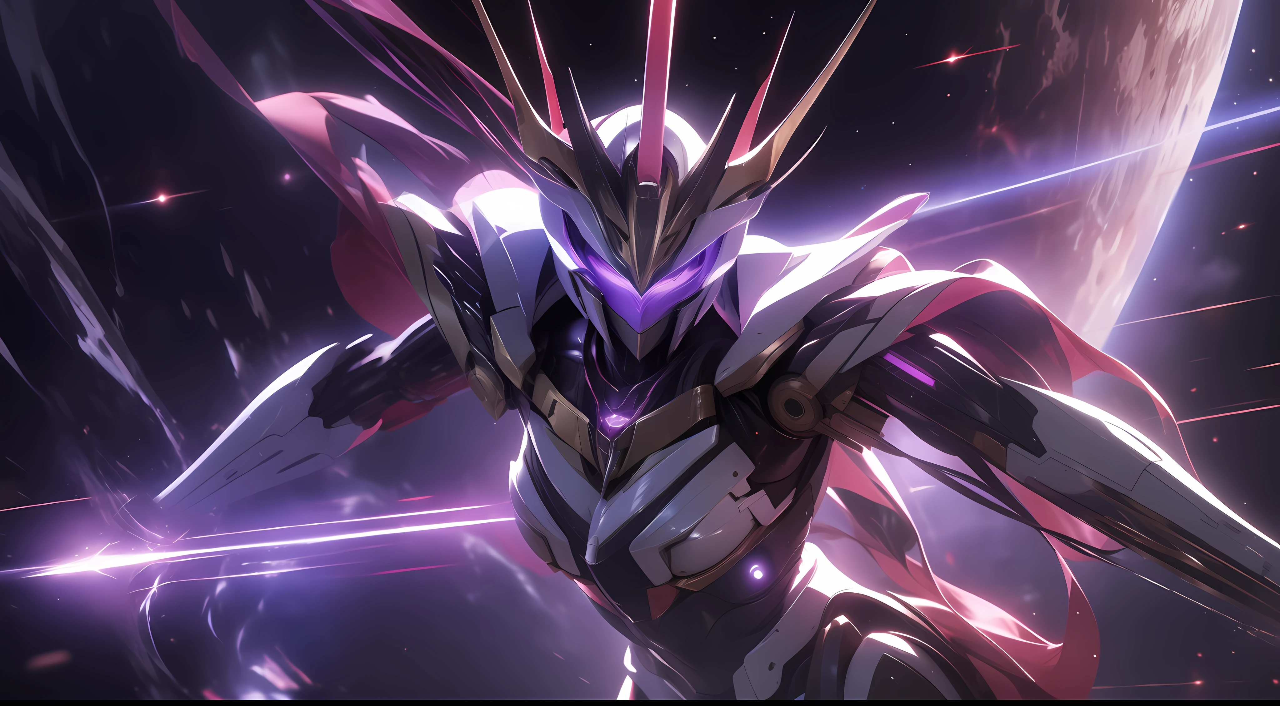 Masterpiece, highest quality, 8K, realistic details, 1 woman in Gundam mech fighting, purple glowing eyes, detailed mecha pattern, half-body view, in space, planet