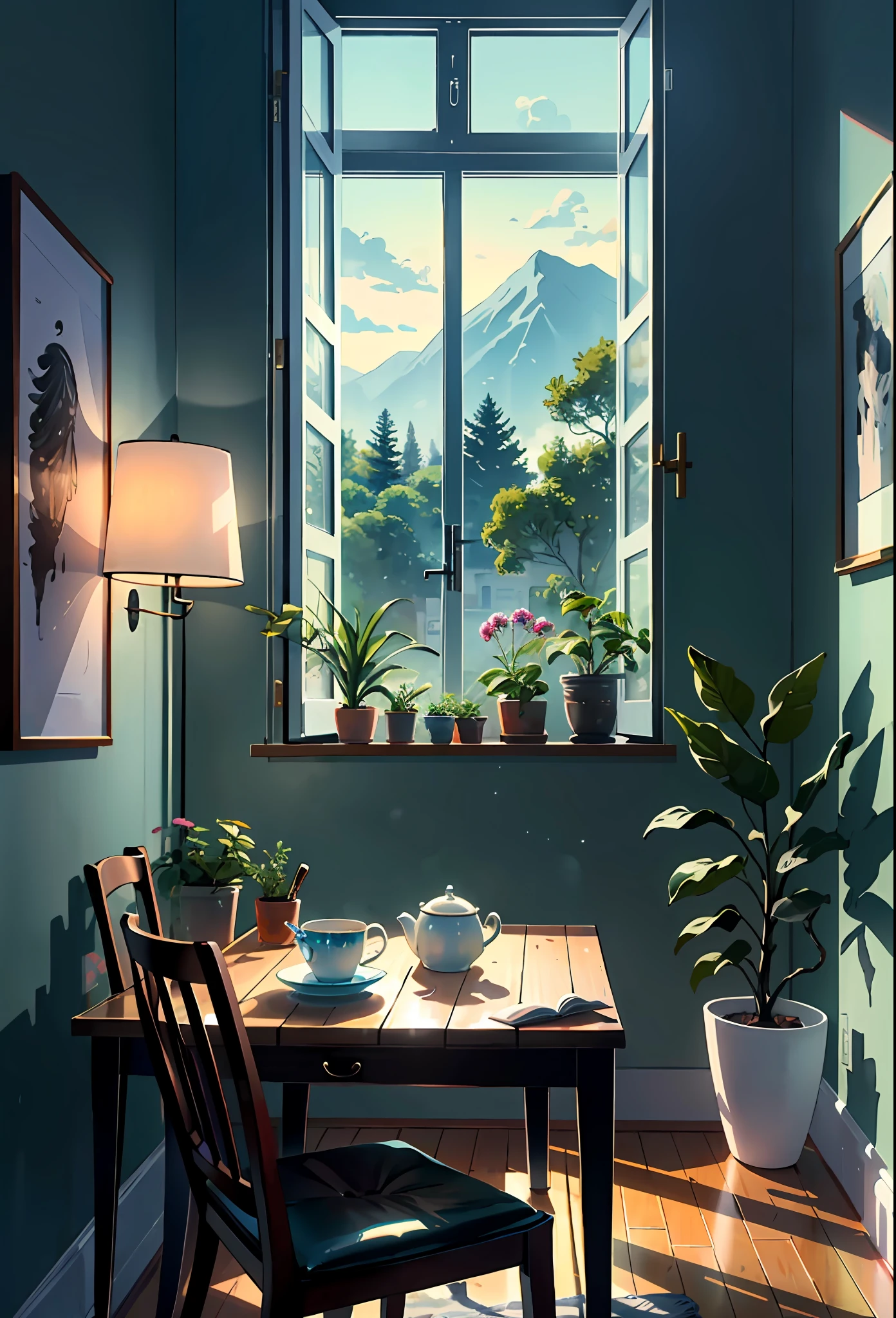 Kitchen, fruits, vegetables, pots, cups, plates, teapot, glasses, watercolor, huge, potted plants, flowers in a vase, figurines, rocking chair, birds, cat, expensive and cozy interior, creative workshop, décor, Cozy artist's workshop, easel, color palette, acrylic paints, paintings, large windows, loggia, art, awards, table, sofa, armchairs, mirror, crystals, meditation, harmony, many books on the walls, paintings on the walls, view from the window, sea, mountains, amazing sunset, floral arrangements, paints, brushes, artist's theme, elegant, dynamic bright lighting, happiness, full color, multicolored, artful, highest detail, super quality, small details, highlights, neon lights, masterpiece, best colors