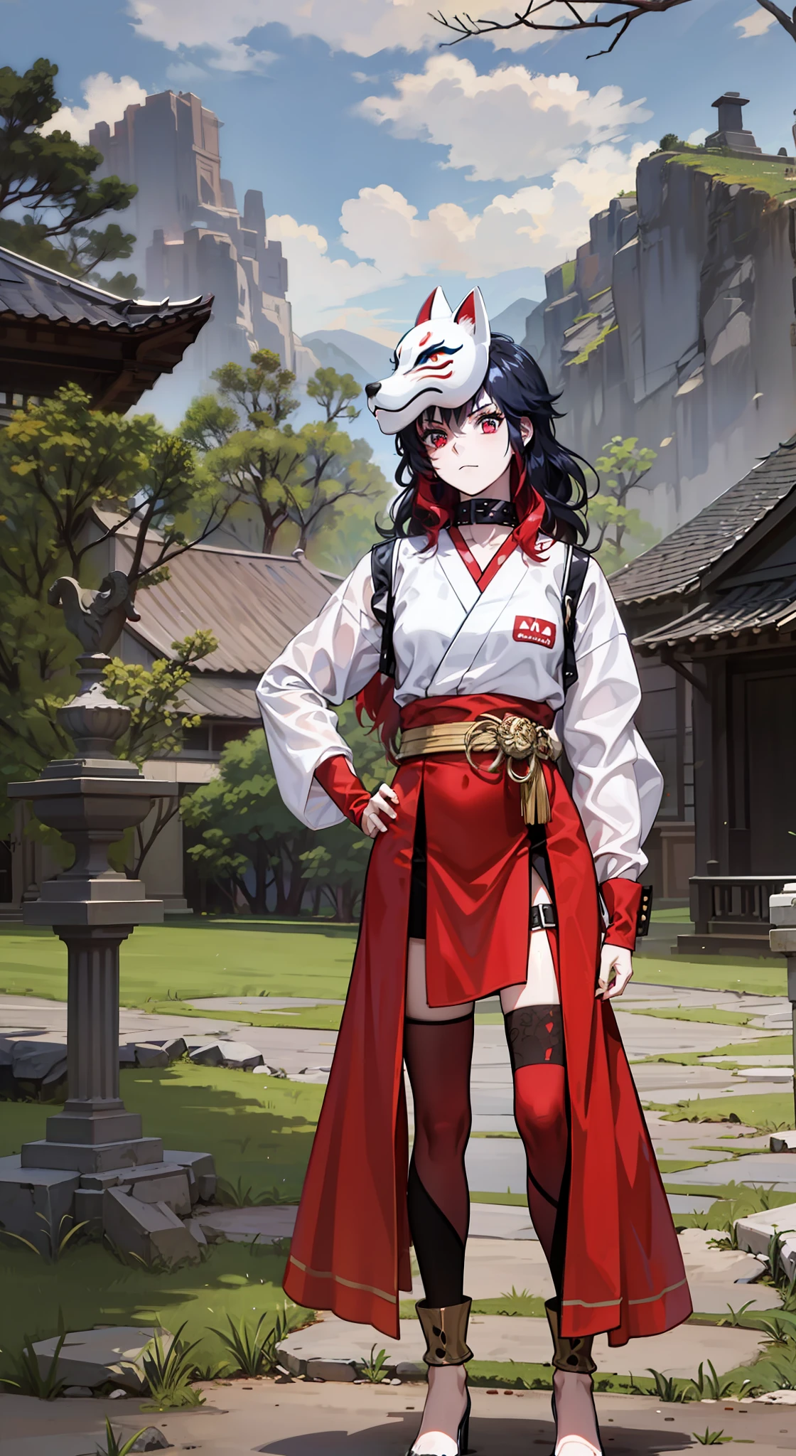 Goth, girl, Oriental armor,4k, black hair with red locks, Fox mask on top of head