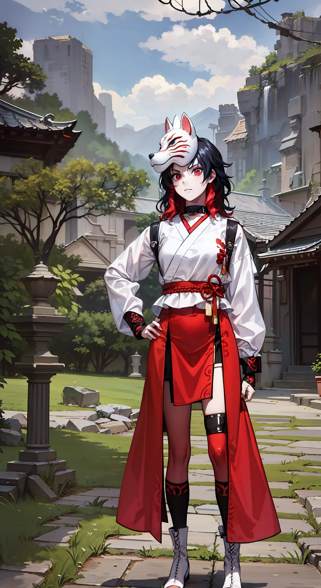 Goth, girl, Oriental armor,4k, black hair with red locks, Fox mask on top of head