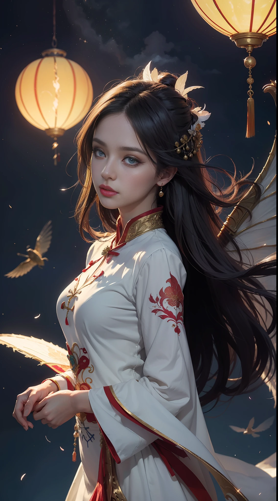 (Masterpiece, Top Quality, Best Quality, Extreme Detail, Supreme Detail, Official Art, Beauty and Aesthetics: 1.2), Colorful, Upper Body Shot, Beautiful Face, Solo, Perfect Body, (Flying on Sky Clouds: 1.6), Fairy, Flowing Streamers, Sun Rays, Clouds, Full Body, Hanfu, Chinese Clothes, White Dress, Water, Fireflies, Night, Starry Sky, Jewelry, Feathers on Dresses, Peacock Feathers, Light Particles, Volume Lighting, Ray tracing (flowing streamers: 1.1), (fantasy novels: 1.2), illuminators, stars, fantasy, high contrast, ink strokes, overexposure, purple and red tone impressions, abstract, (watercolors by John Berkey and Jeremy Man))