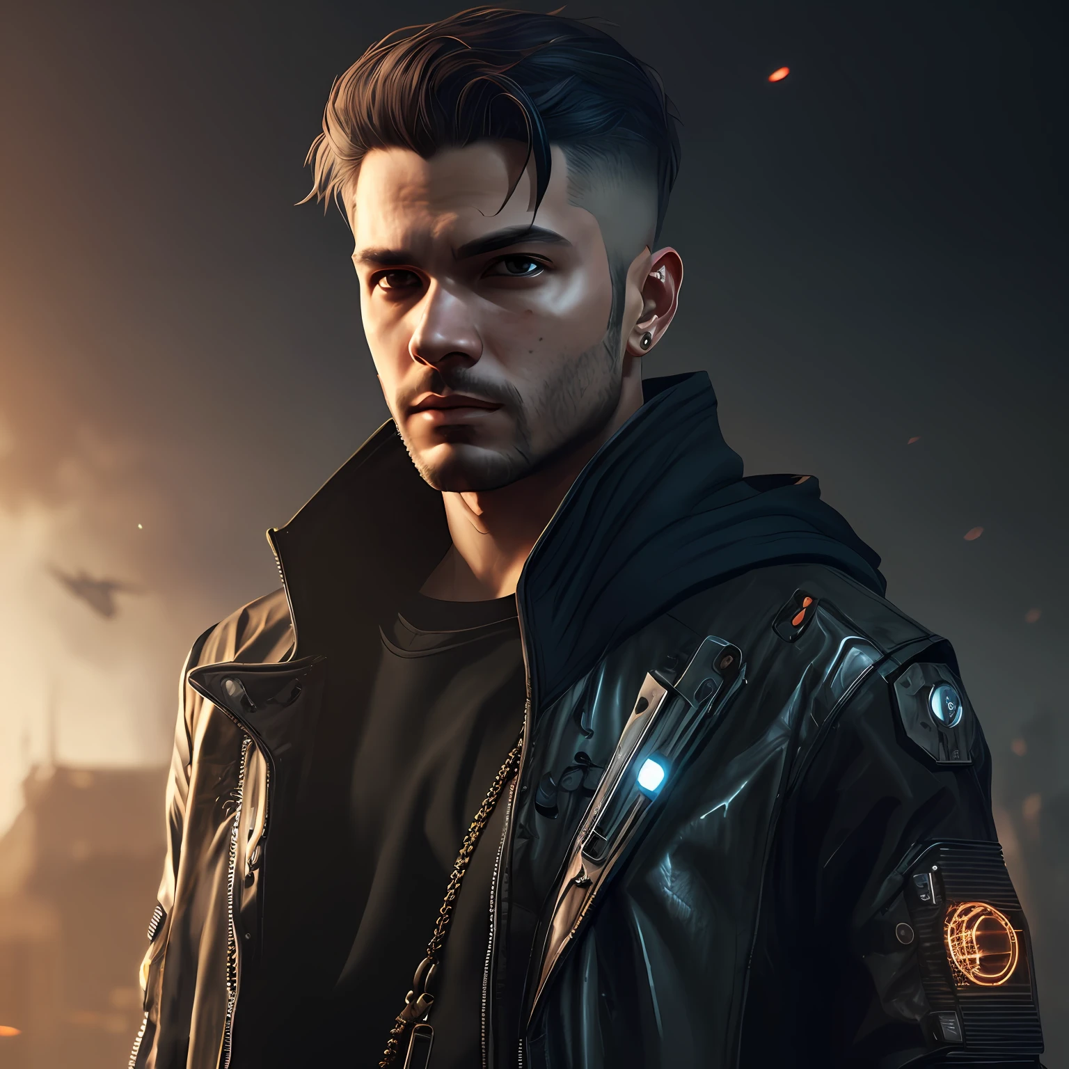 photo portrait Male killer, wearing cyberpunk streetwear intricate, sad, beautiful, detailed portrait, shaded cell, 8k, concept art, by wlop, greg rutkowski, pixiv. cinematic dramatic atmosphere, sharp focus, volumetric lighting, cinematic lighting, studio quality, --auto