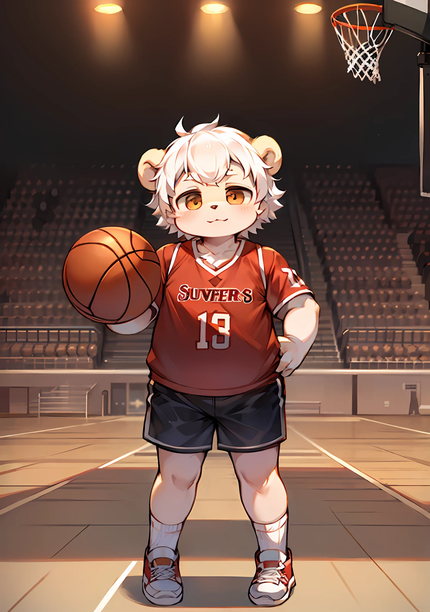 White hair, bear type, bear ears, short hair, slightly fat, shaggy, super cute face, cub, no spots, human shape, masterpiece, high quality portrait, red jersey, playing basketball, basketball court, gray shorts, in summer, solo child boy, full shot, shoes off, socks change, white socks