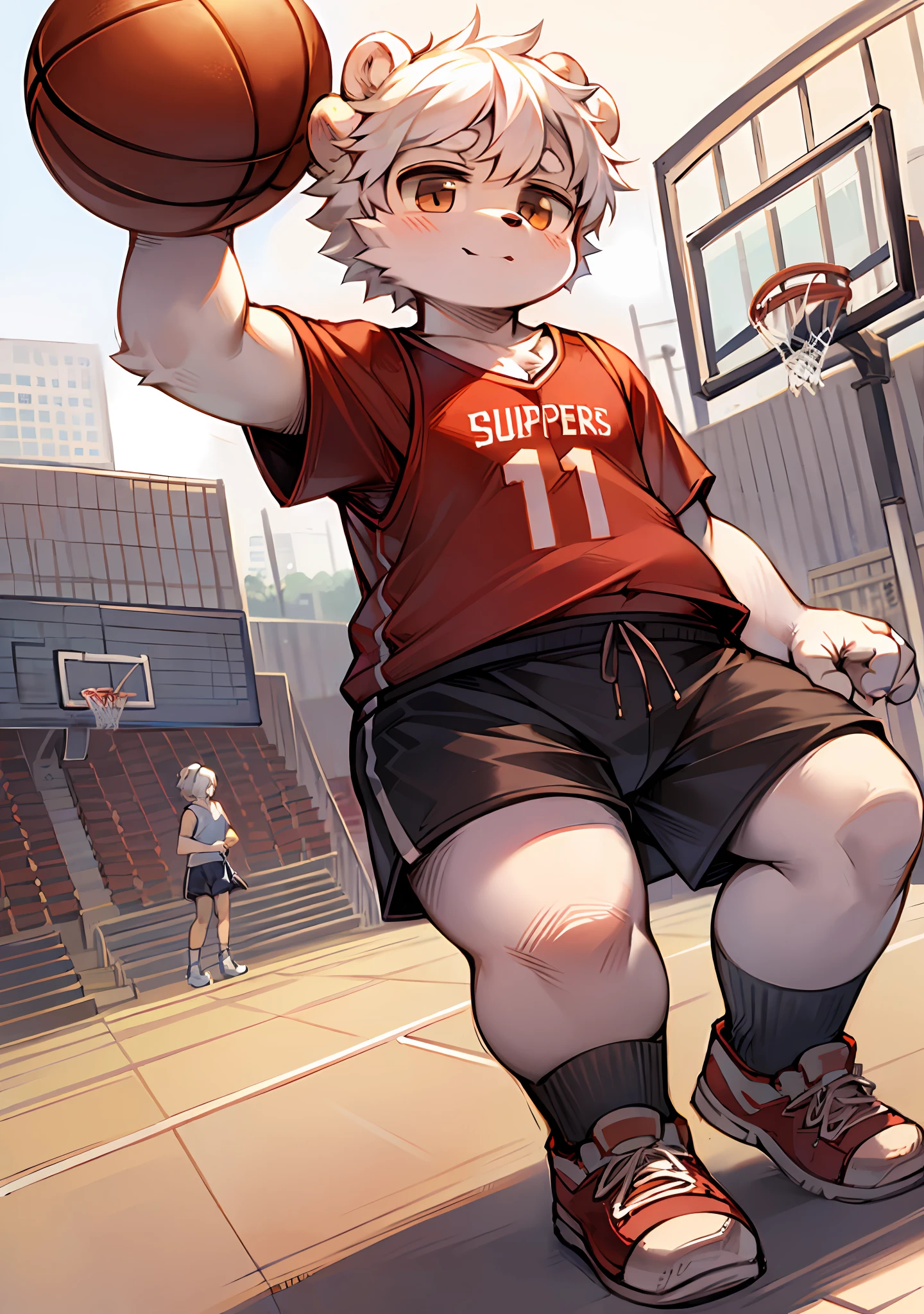 White hair, bear type, bear ears, short hair, slightly fat, shaggy, super cute face, cub, no spots, human shape, masterpiece, high quality portrait, red jersey, playing basketball, basketball court, gray shorts, in summer, solo child boy, full shot, shoes off, socks change, white socks