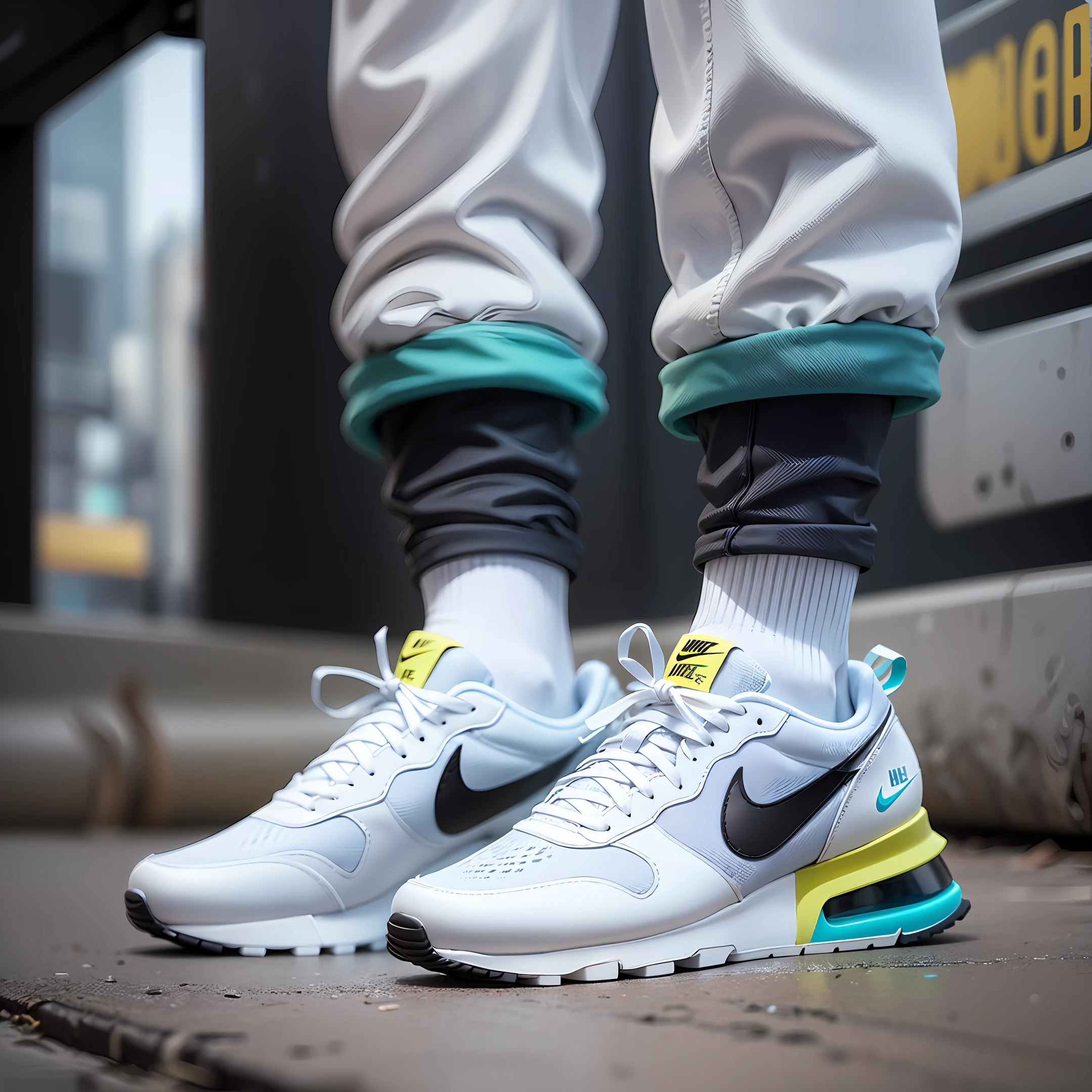 White Nike sneakers, in a futuristic city, ultra HD, 32k --auto --s2