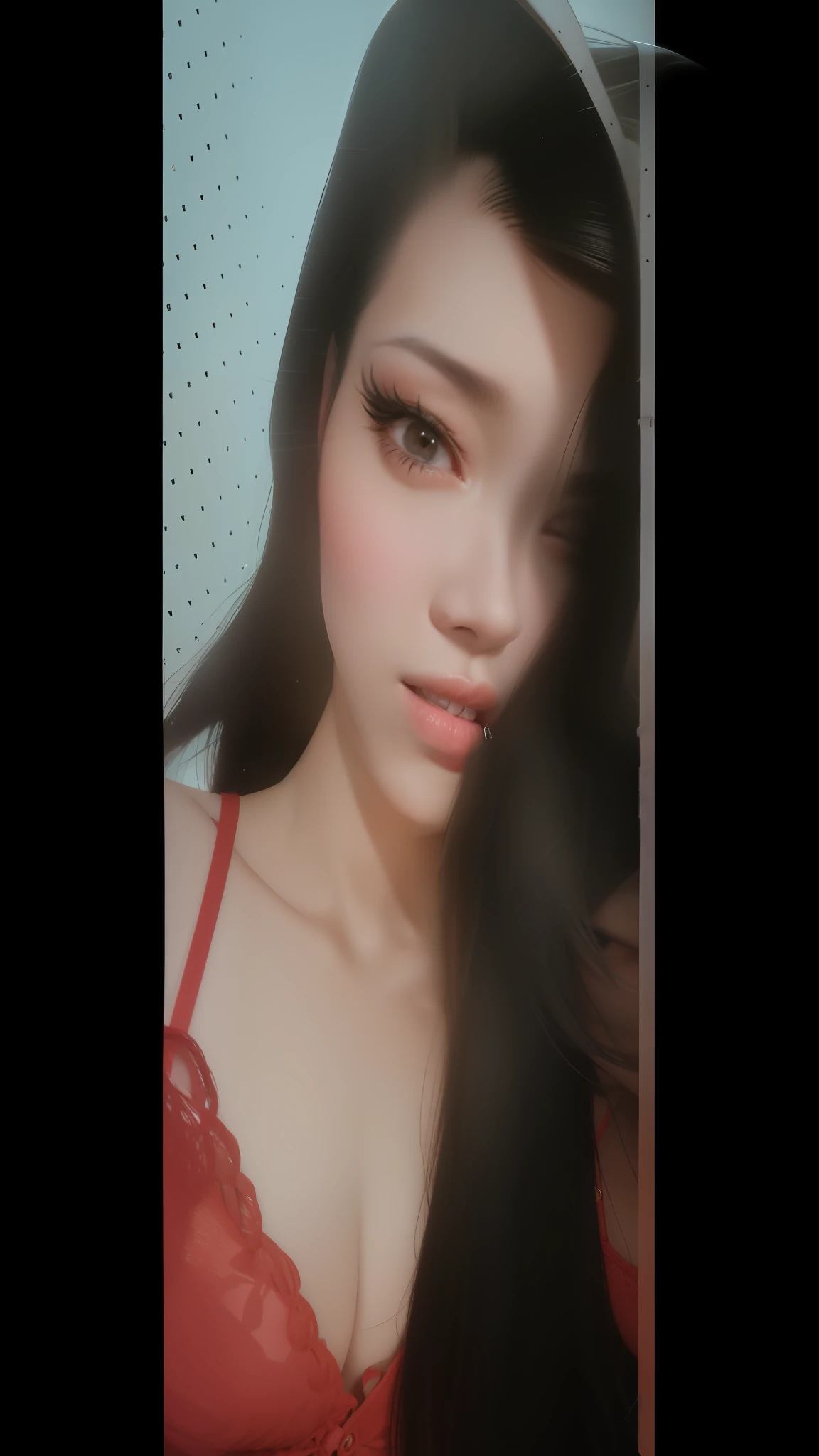 A closeup of a woman in a red bra top posing for a photo, sexy face with full makeup, beuatiful face, sexy face, very very beautiful face, girl portrait, sexy look, with a seductive smile, instagram model, female model, attractive female face!, with adorable look There is a woman who is posing for a photo,  beautiful girl, 8k selfie photography, with cute face, [ 4K photorealism ]!, cute face, she is facing the camera, lovely young man, cute young face, lovely delicate face