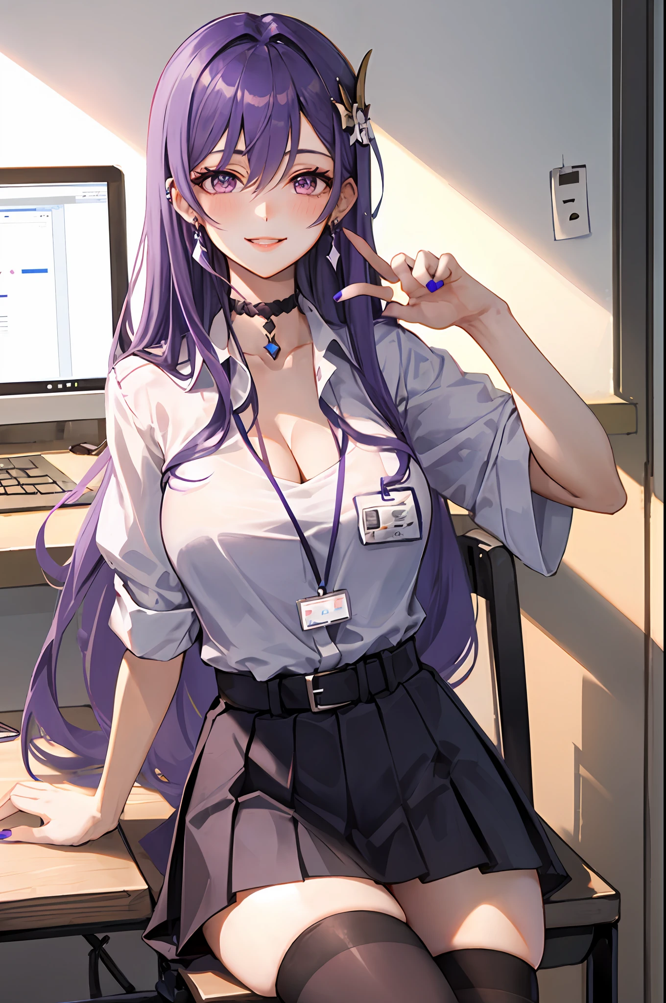 Keqing, genshin impact, 1girl, solo, ((white shirt)), black thighhighs, breasts, cleavage, uniform, office background, black skirt, pleated skirt, office, hair between eyes, messy hair, large breasts, hair ornament, long hair, looking at viewer, purple hair, choker, pierce, ear piercing, lip piercing, purple short nails, purple eyes, solo, thighhighs, thighs, very long hair, ((masterpiece)), sitting, chair, desk, computer on desk, name tag, id tag, indoor, blush, smile, show teeth, sexy pose, lip pierce,