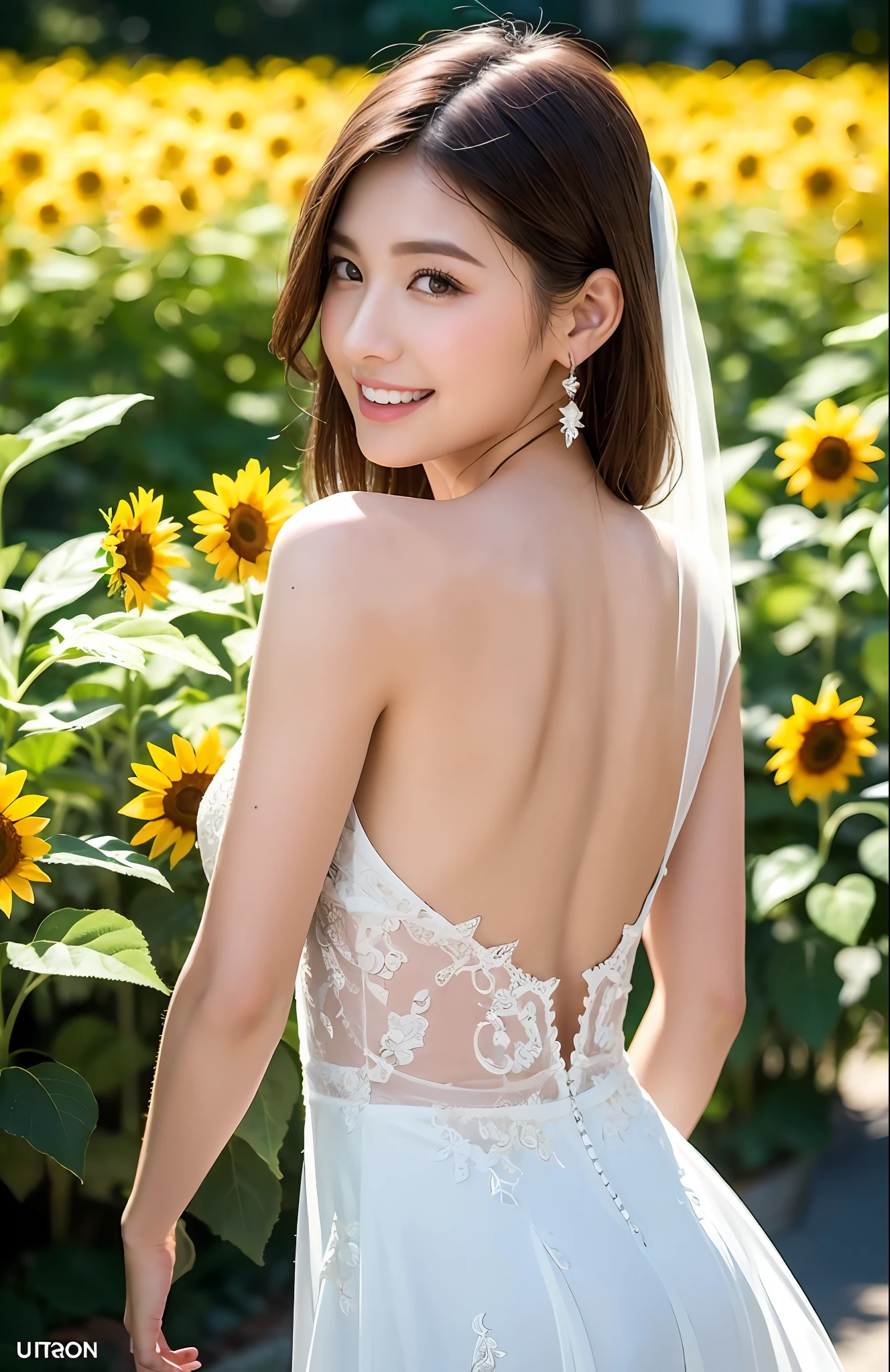Turbulent posture, (very delicate and beautiful work), (masterpiece), 1girl, girl in wedding dress surrounded by sunflower field, veil, lace, full body, high definition, ridiculous, charming expression, smile, beautiful clear eyes, green eyes, delicate necklace, delicate earrings, full body, vivid flower garden, simple background blur, ultra-fine depiction, beautiful, charming, ultra-fine picture, delicate face, Delicate figure, thin collarbone, nice lips, beauty big, soft back, mix4, (8k, RAW photo, best quality), masterpiece: 1.2), (realistic, photorealistic: 1.37), one girl, cute, professional lighting, photon mapping, radiosity, physically based rendering