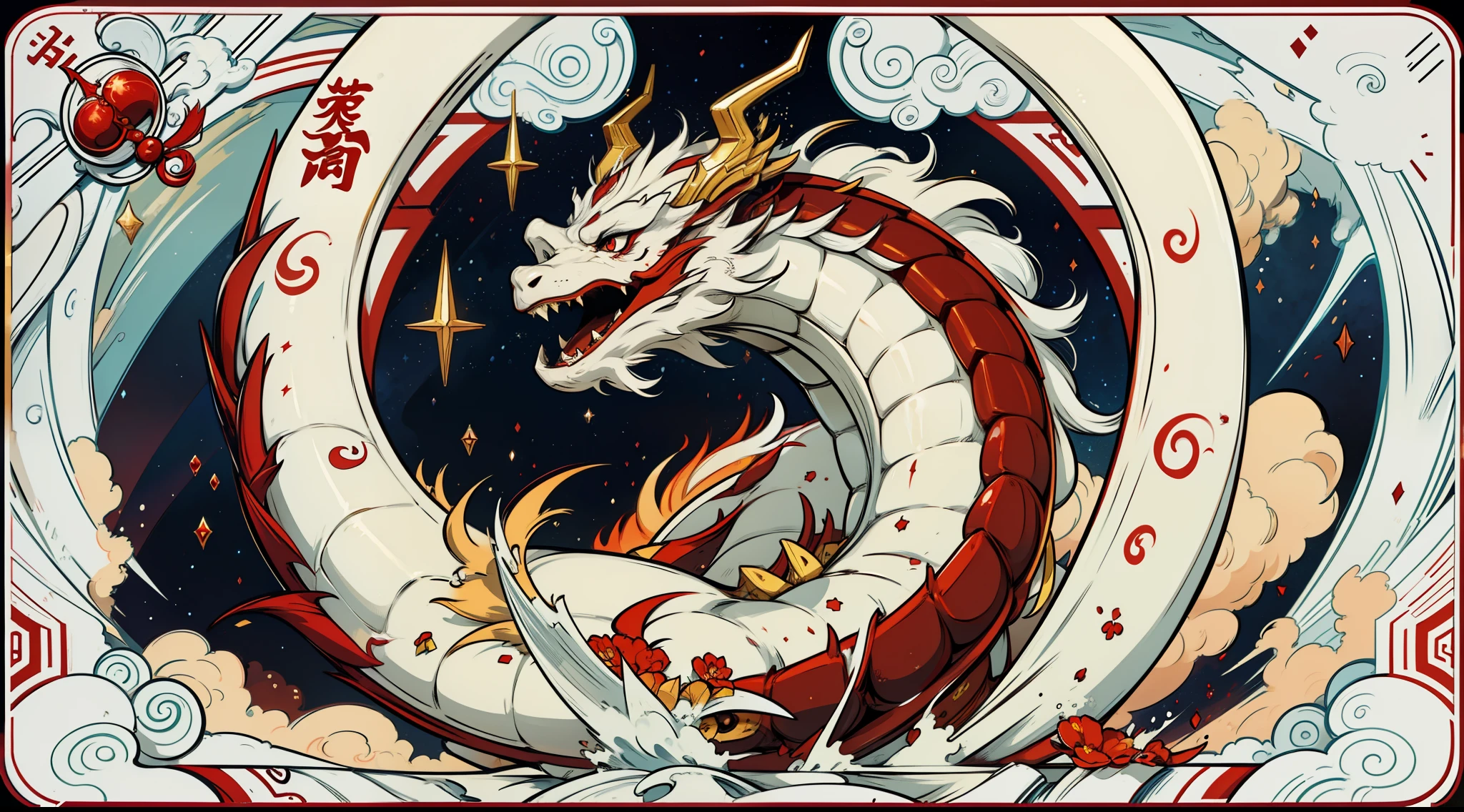 Traditional Chinese dragon, auspicious rui, strength, wisdom, color matching red and white, starry blank cloud background, smooth lines, dynamic sense