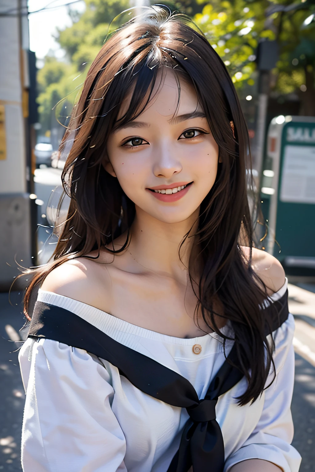 Top Quality, Masterpiece, Ultra HD, Photorealistic, 1girl, Off Shoulder, Smiling,Schoolgirl Uniform,