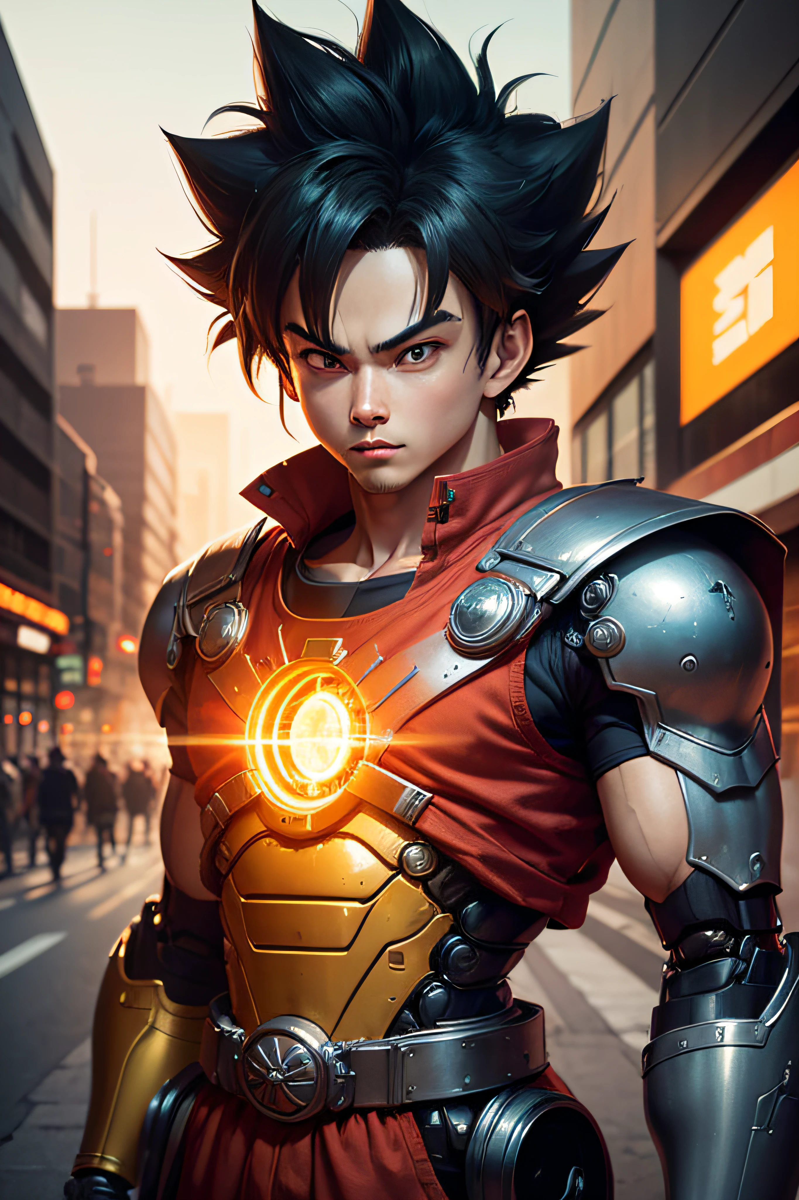 anime - style image of a man with a sword and a red shirt, Dragon Ball concept art, Akira Toriyama style, Dragon Ball art style, advanced digital anime art", highly detailed portrait of Goku, Toriyama Akira, detailed anime character art, inspired by Akira Toriyama, Goku portrait, stunning character art,  Dragon Ball style ( 1man, mechanical wonder, robotic presence, cybernetic guardian, with a worn mechanical suit, intricate, (steel metal [rusty]), elegant, clear focus, shot by greg rutkowski, soft lighting, vibrant colors, masterpiece, ((street)) --auto