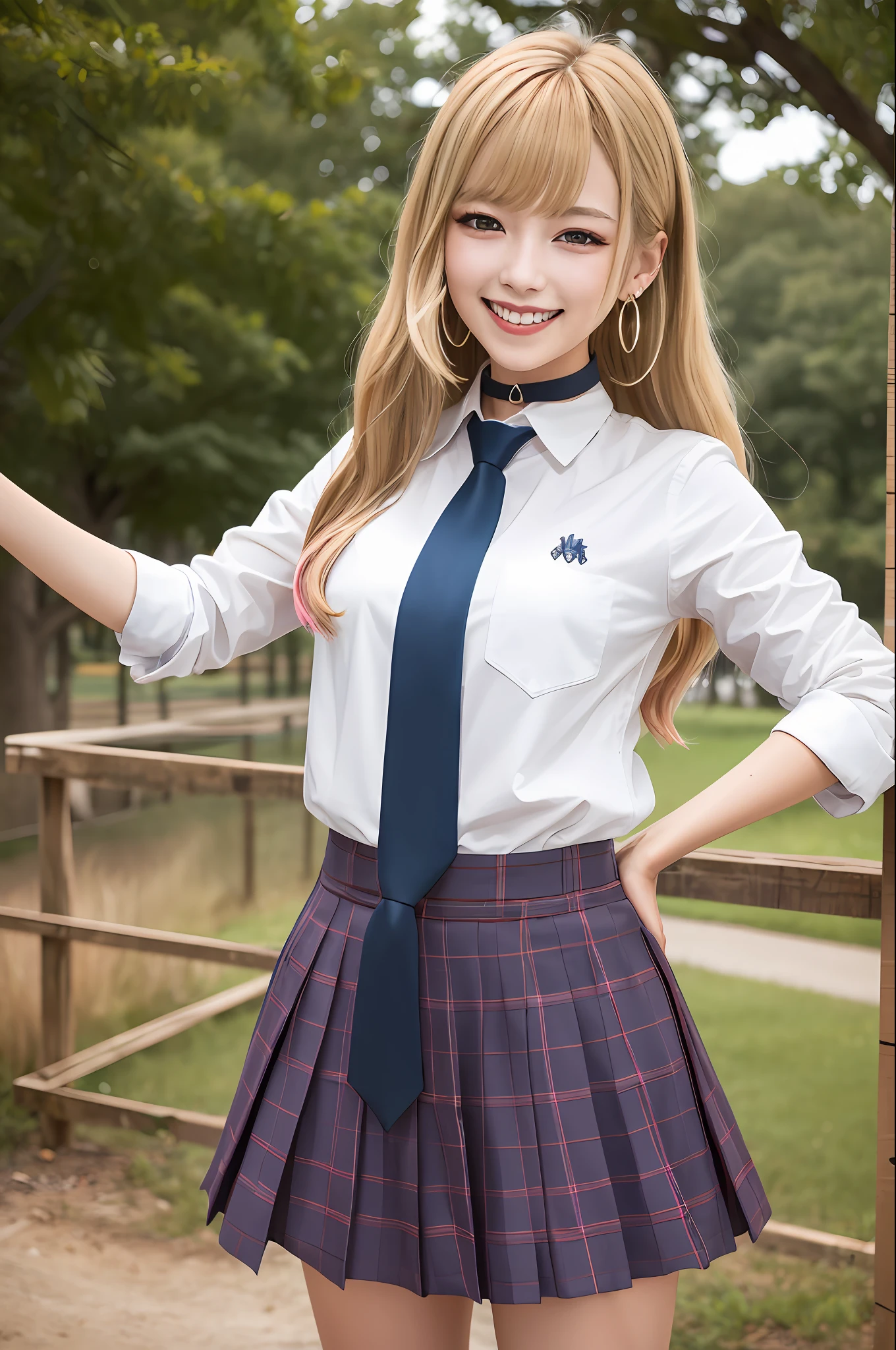 masterpiece, best quality, highres, kitagawa marin, 1girl, blonde hair, long hair, multicolored hair, red eyes, jewelry, earrings, piercing, school uniform, white shirt, tied shirt, black choker, blue necktie, plaid skirt, grin, smile, standing, cowboy shot, outdoors,