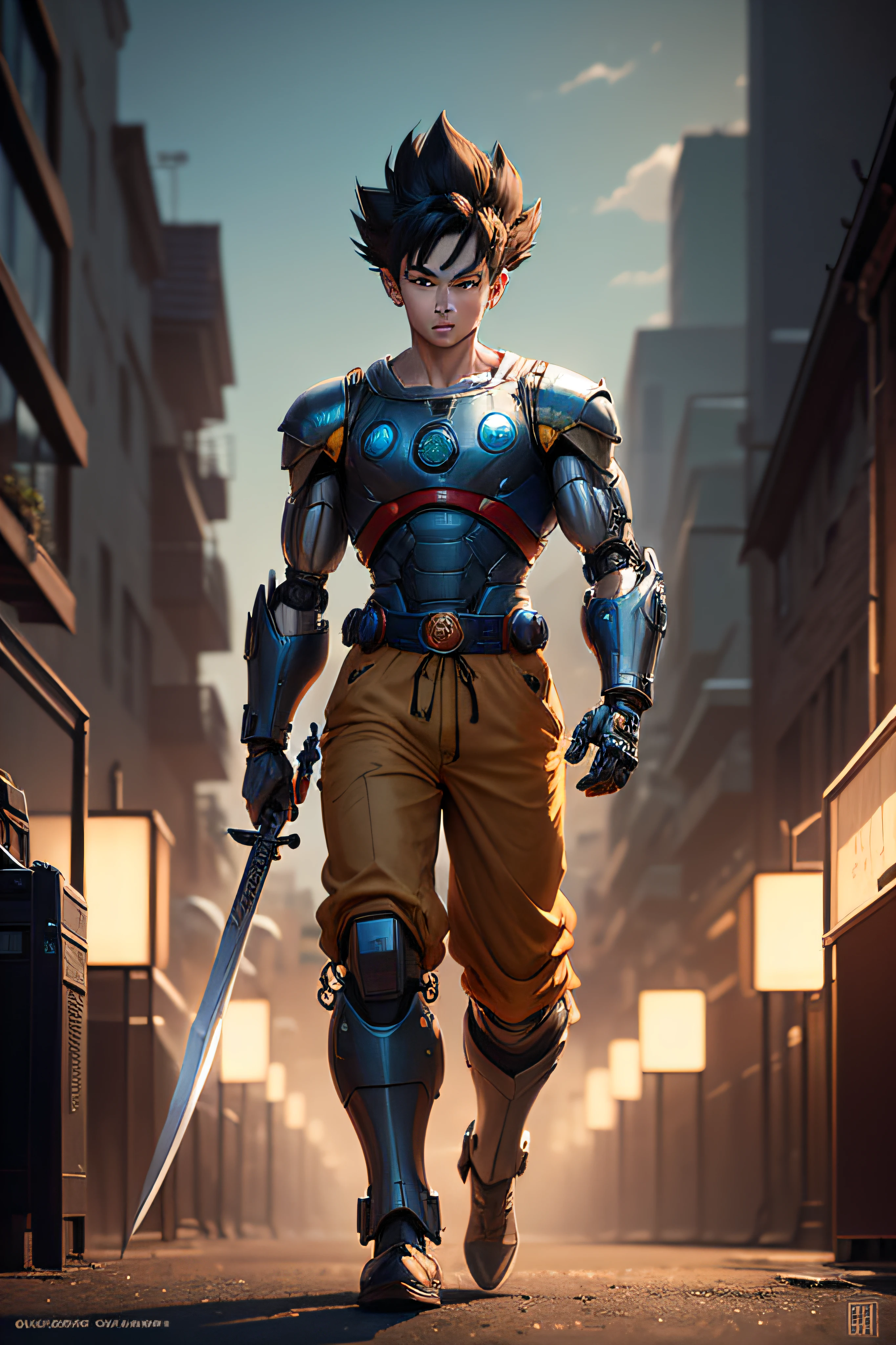anime - style image of a man with a sword and a red shirt, Dragon Ball concept art, Akira Toriyama style, Dragon Ball art style, advanced digital anime art", highly detailed portrait of Goku, Toriyama Akira, detailed anime character art, inspired by Akira Toriyama, Goku portrait, stunning character art,  Dragon Ball style ( 1man, mechanical wonder, robotic presence, cybernetic guardian, with a worn mechanical suit, intricate, (steel metal [rusty]), elegant, clear focus, shot by greg rutkowski, soft lighting, vibrant colors, masterpiece, ((street)) --auto