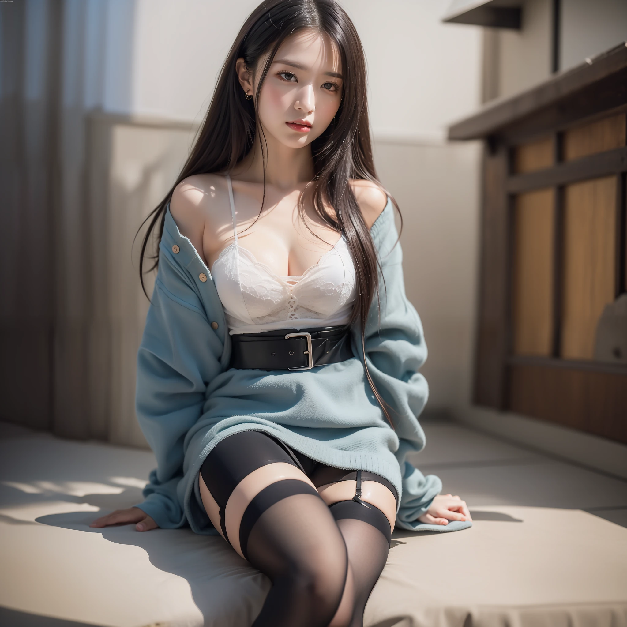 (8k, highest quality, masterpiece: 1.2), (realistic, photorealistic: 1.37), best quality, very delicate and beautiful Japan girl, beautiful girl with perfect style, black hair, super detailed, high resolution, highly detailed face and skin texture, beautiful detailed eyes, face light, nose blush, ((one girl)), realistic, beautiful, cute, bewitching, gentle face, sagging eyes, separated eyes, long lashes, miniskirts, slits, knee-high stockings,