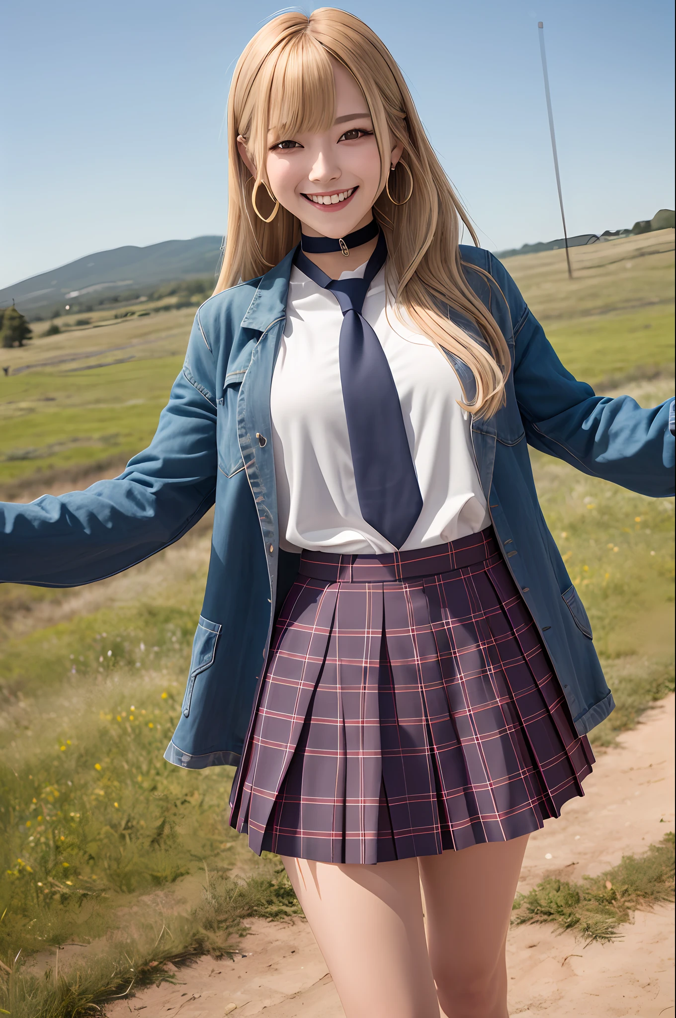masterpiece, best quality, highres, kitagawa marin, 1girl, blonde hair, long hair, multicolored hair, red eyes, jewelry, earrings, piercing, school uniform, white shirt, tied shirt, black choker, blue necktie, plaid skirt, grin, smile, standing, cowboy shot, outdoors,