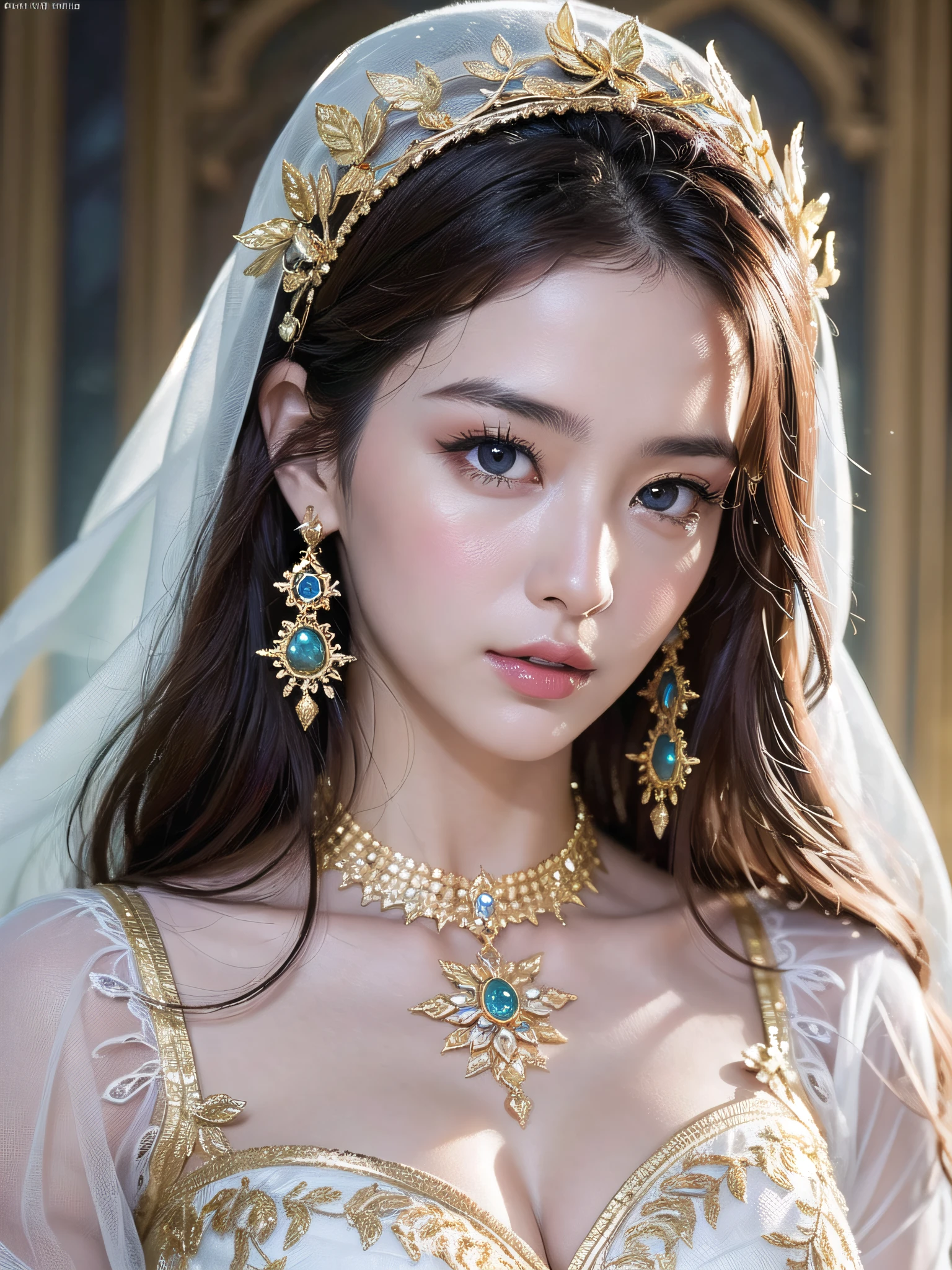 Top Quality, Ultra High Resolution, (Photorealistic: 1.4), Cinema Light, Depth of Field, Beautiful Face, (PureErosFace_V1:0.8), |1 Girl, Fan Bing, Woman in White Dress and Gold Jewelry, Fan Bing Fashion, Colossal, White Cloak, Intricate Design, Cathedral Background, Extra Long Wavy Brown Hair, RAW, Beautiful Women, ((detailed face)), ((detailed facial features)), (fine detailed skin), pale skin, (masterpiece), (perfect proportions), (realistic photos),