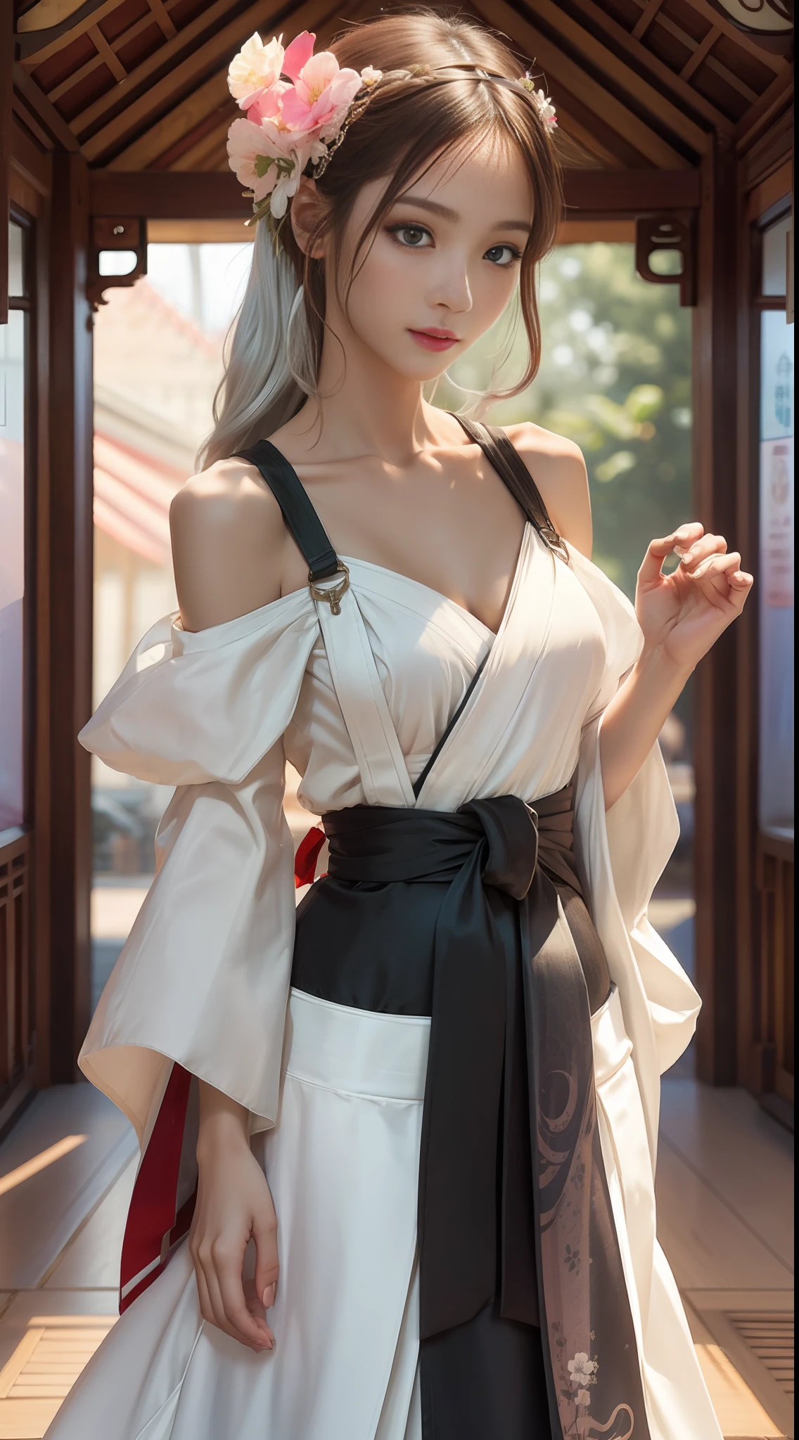 Hair flowers, bare shoulders, collarbone, cross suspenders, micro-transparency, ribbons, masterpieces, the best picture quality, ultra-fine 3D full-body close-up, soft cute light shattered sense 1080P wallpaper, realistic characters, fox eyes with black eyes, light silver messy hair, colorful cold white skin red Hanfu beauty under the pavilion, hands touching lips. Very delicate light, fine luminescence,