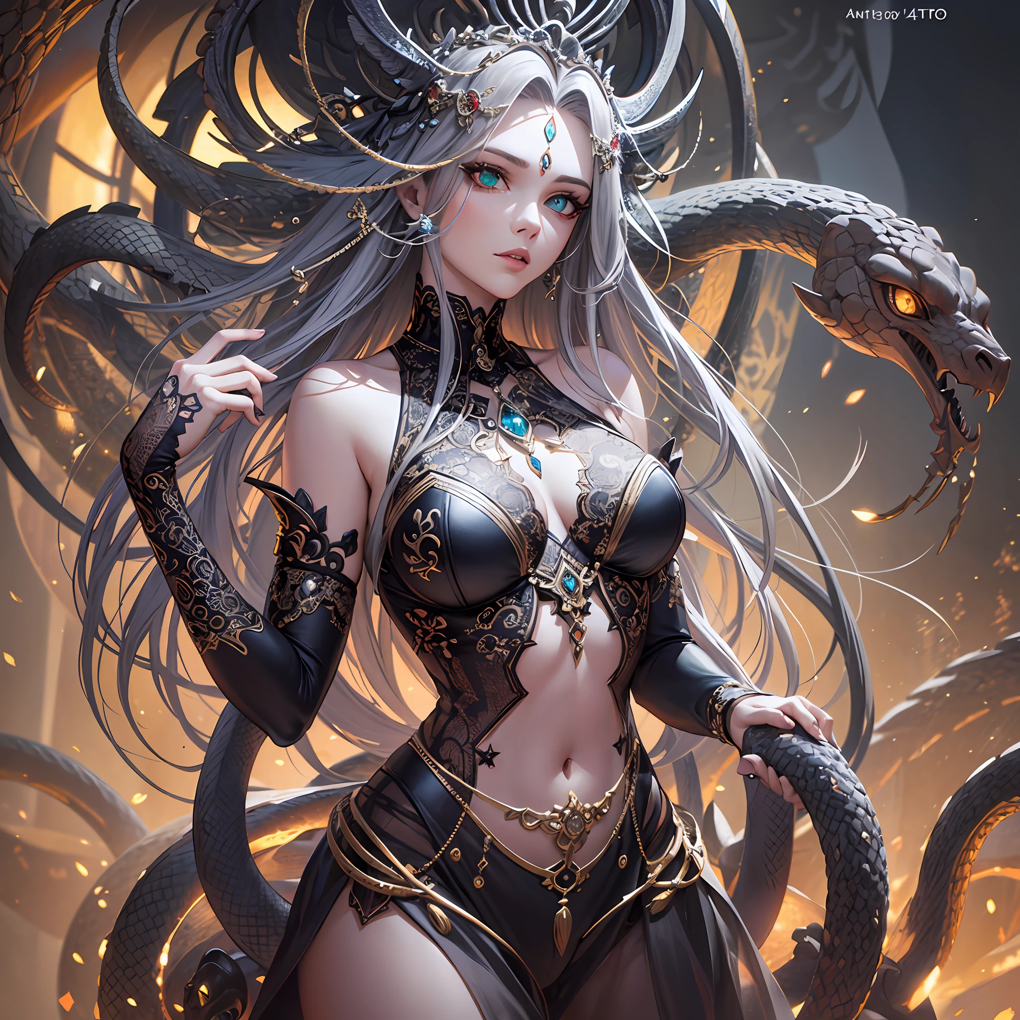 Medusa, full body, the hair is composed of countless small snakes, green eyes, female face, metal carved top, royal aura, trend on artstation , sharp focus, studio photo, intricate detail, very detailed, detailed eye, illustration, very detailed, sharp focus, digital render, professional, 4k --auto --s2