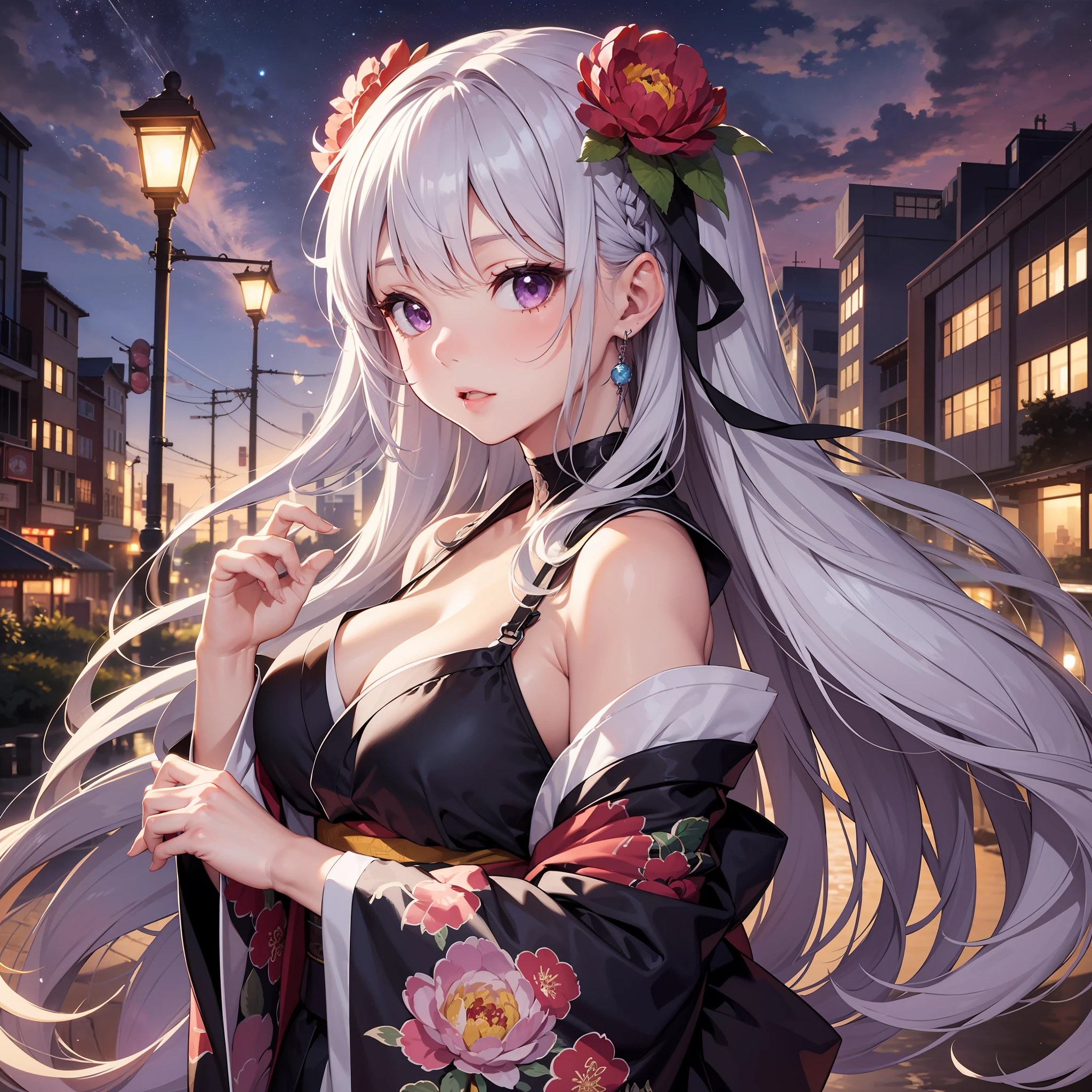 Best image quality Original character, very sexy expression, volume lighting, summer kimono, silver and purple gradient long hair, night sky, river, red light grains lying in an eternally spreading peony hata
