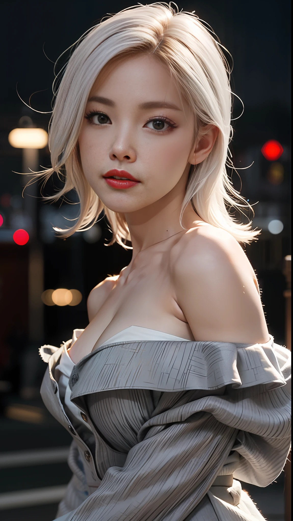 Hair flowers,  shoulders, collarbone, cross suspenders, micro-transparency, ribbons, masterpieces, the best picture quality, ultra-fine 3D full-body close-up, soft cute light shattered sense 1080P wallpaper, realistic characters, fox eyes with black eyes, light silver messy hair, colorful cold white skin red Hanfu beauty under the pavilion, hands touching lips. Very delicate light, fine luminescence,