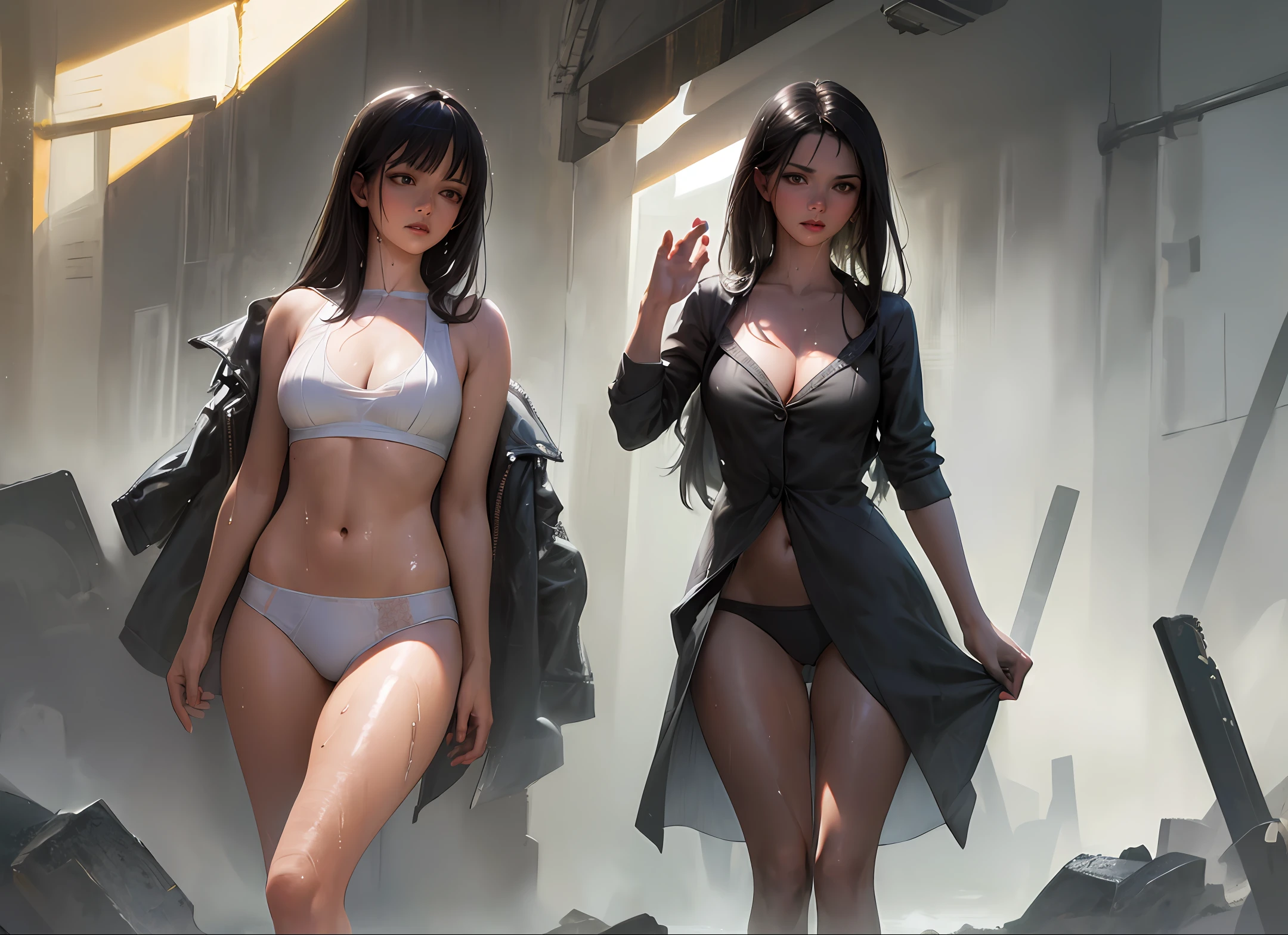 Best quality, masterpiece, ultra high res, (photorealistic:1.4), raw photo, 1girl, DARK hair, shiny skin, WET BODY, dramatic lighting, full body, bitch, big breasts, see, do not wear underwear
