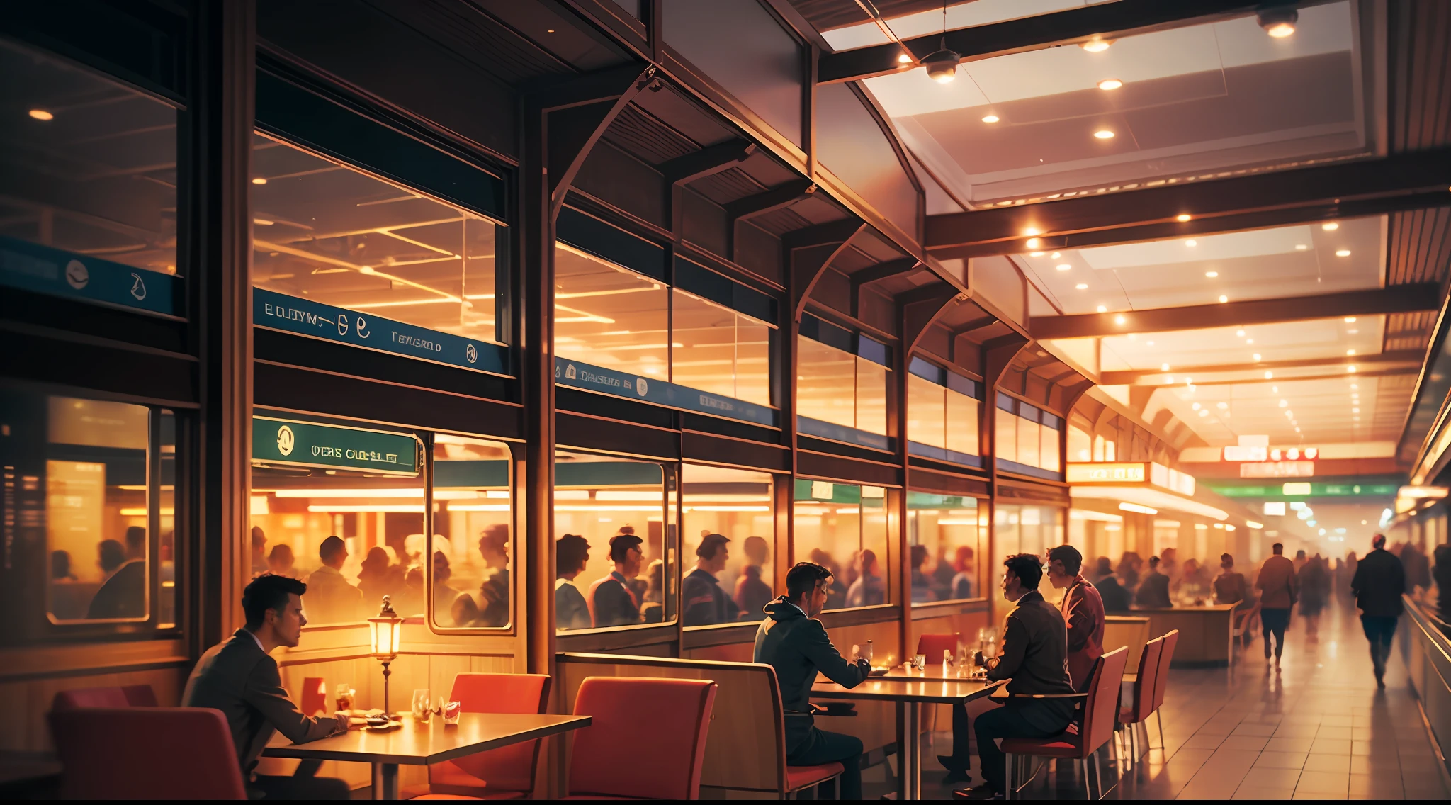 Transport yourself into a captivating 16:9 widescreen cinematic image set within the interior of Sea-Tac airport terminal. Picture a romantic ambiance unfolding as soft focus lighting bathes the scene in a warm and alluring glow. The setting takes place during dinner time, with passengers and travelers moving about in the background, creating a sense of bustling energy. The composition exudes an intimate and enchanting atmosphere, evoking the magic of the moment. The color palette embraces soft and romantic tones, accentuating the allure of the scene. Capture this captivating ambiance using a combination of wide-angle shots and close-ups, allowing viewers to immerse themselves in the romantic aura of the Sea-Tac airport terminal.