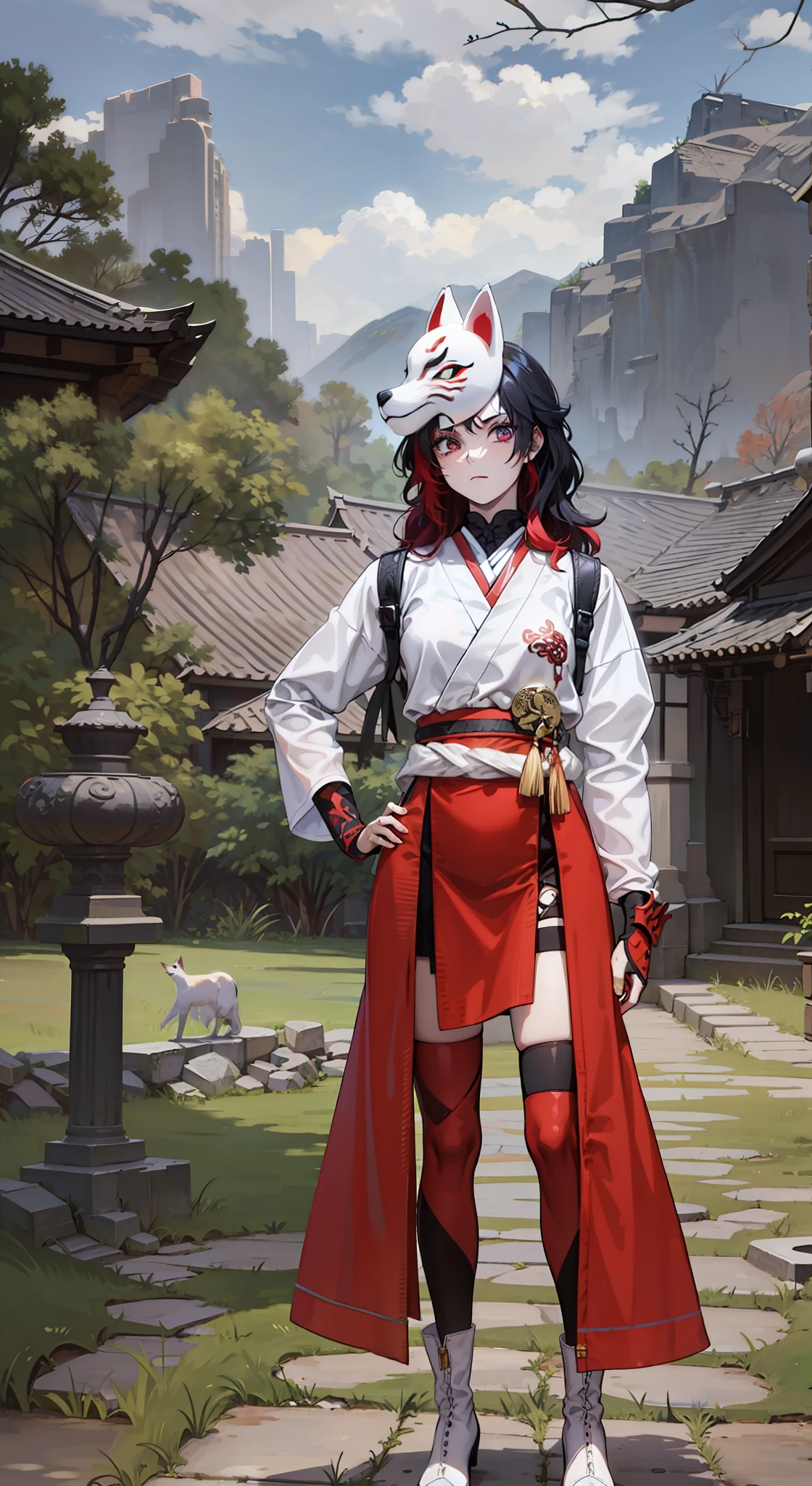 Goth, girl, Oriental armor,4k, black hair with red locks, Fox mask on top of head