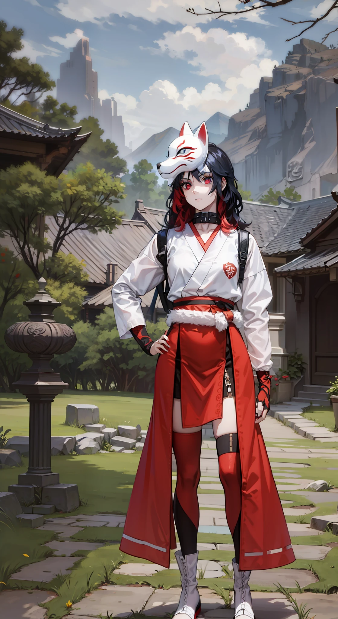 Goth, girl, Oriental armor,4k, black hair with red locks, Fox mask on top of head