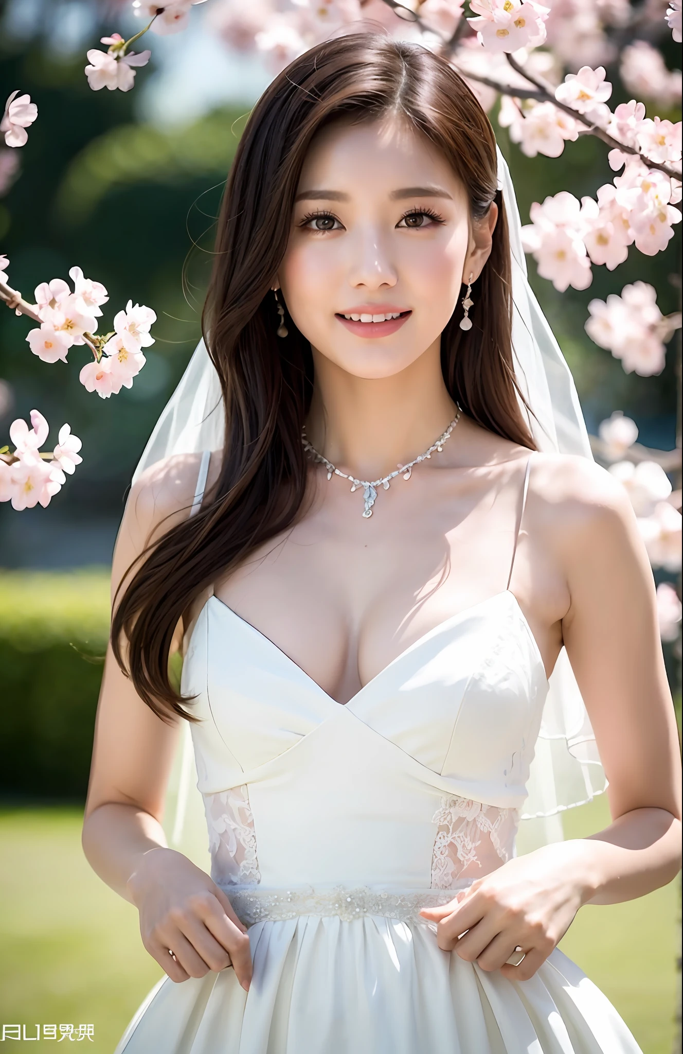 Turbulent posture, (very delicate and beautiful work), (masterpiece), 1girl, girl in wedding dress surrounded by cherry blossoms, veil, lace, full body, high definition, ridiculous, charming expression, smile, beautiful clear eyes, green eyes, delicate necklace, delicate earrings, full body, vivid flower garden, simple background blur, ultra-fine depiction, beautiful, charming, ultra-fine picture, delicate face, delicate figure, thin collarbone, lovely lips, beauty big, soft back, mix4, (8k, RAW photo, highest quality), masterpiece: 1.2), (realistic, photorealistic: 1.37), one girl, cute, professional lighting, photon mapping, radiosity, physically based rendering